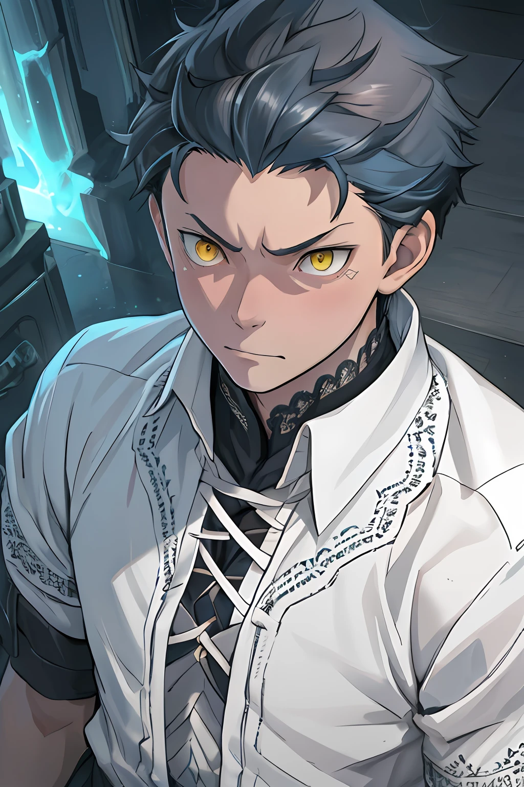 tmasterpiece,best qualityer,illustratio,detail in face,Exquisite lighting,Male characters,A high resolution,Sharp focus,Natsuki Subaru style,Intricate details,Breakdown and damage scenarios,A pleading look of decadence,Exhaustion,glowing bright yellow eyes,Short blue hair,white shirt,lace-up,perspire,Lower view。