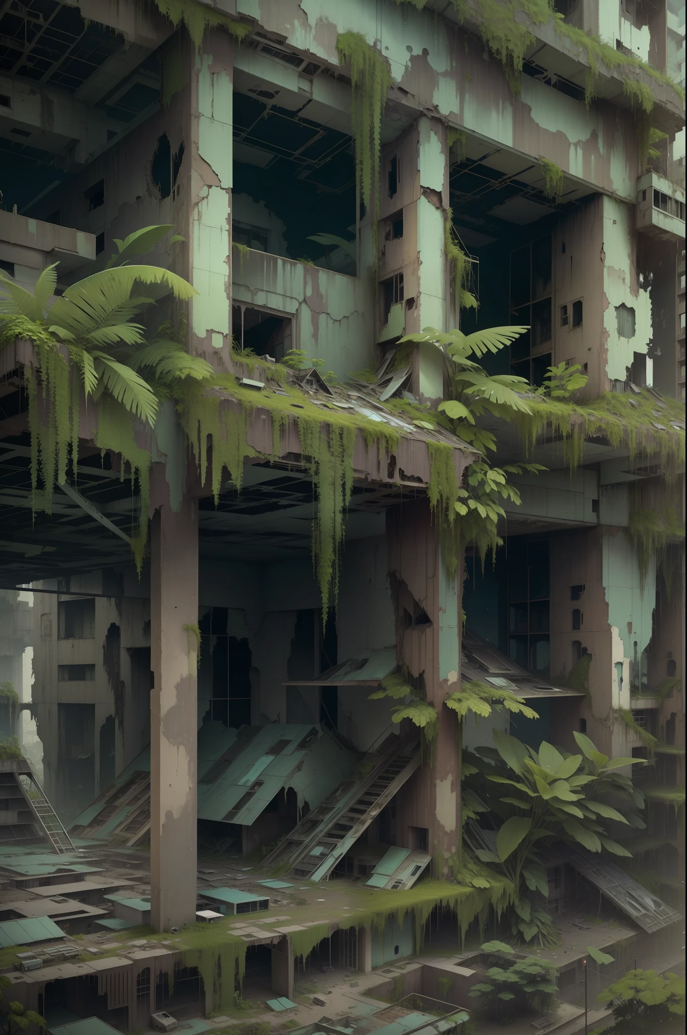 surreal architecture, surreal abandoned buildings, abandoned flying future city,decrepit,Broken,Armageddon,Dilapidated building,Buildings overgrown with plants,the night,Black sky