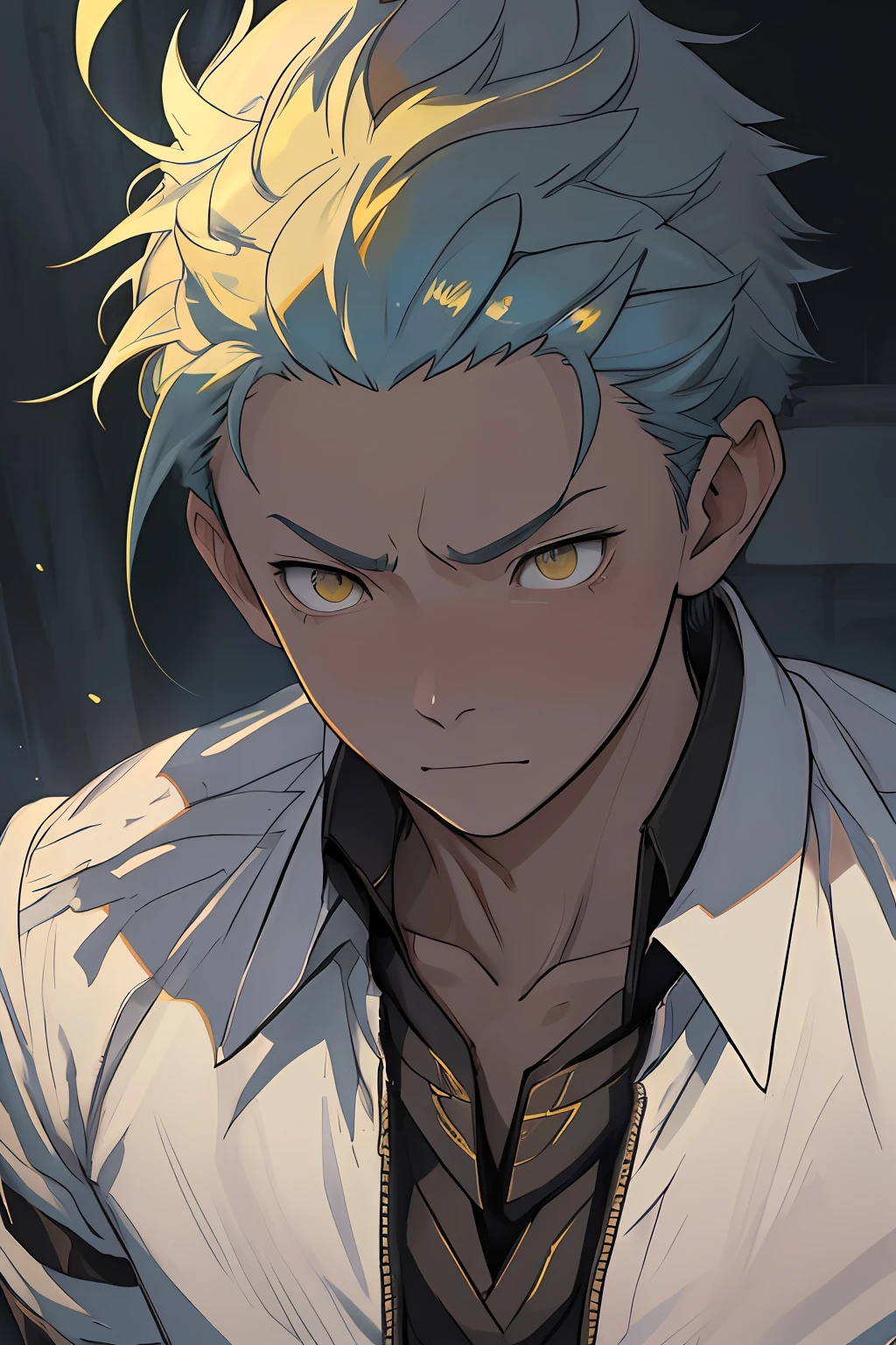 tmasterpiece，best qualityer，illustratio，detail in face，Exquisite lighting，Male characters，A high resolution，Sharp focus，Natsuki Subaru style，Intricate details，Breakdown and damage scenarios，A pleading look of decadence，Exhaustion，glowing bright yellow eyes，Short blue hair，white  shirt，lace-up，perspire，Lower view。