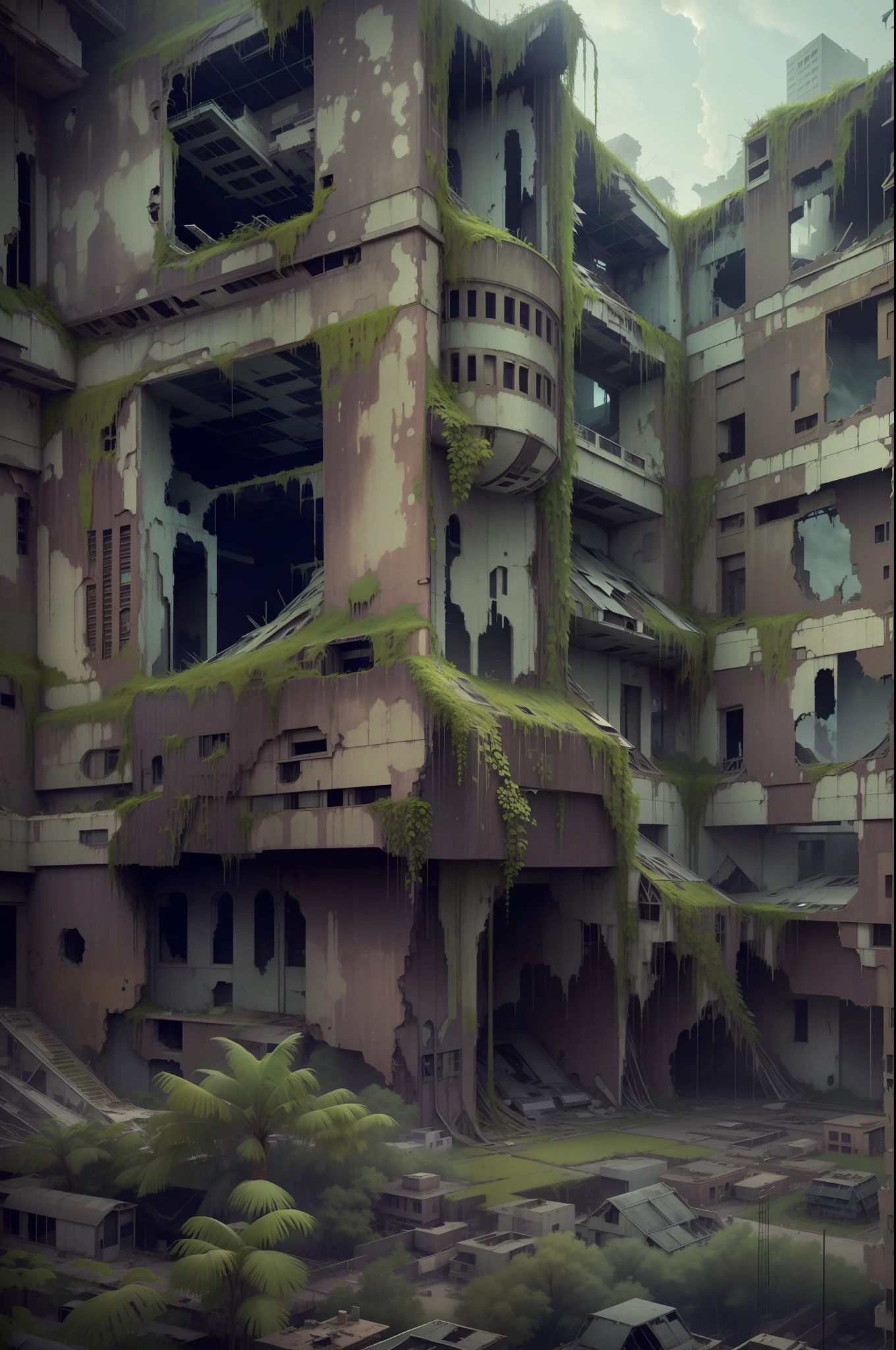 surreal architecture, surreal abandoned buildings, abandoned flying future city,decrepit,Broken,Armageddon,Dilapidated building,Buildings overgrown with plants,the night,Black sky