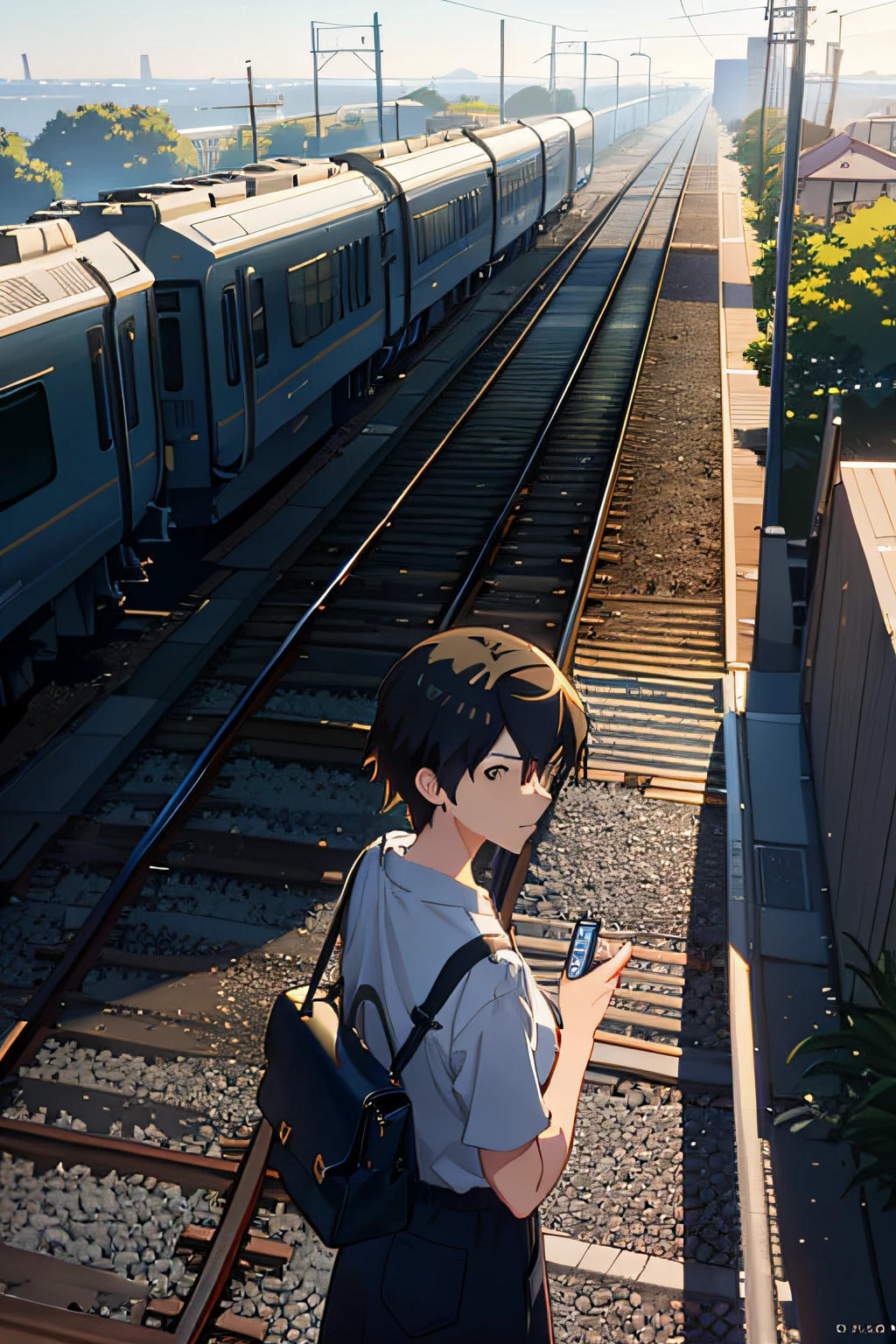 There was a woman standing on the train tracks looking at her phone, Makoto Shinkai. —h 2160, Makoto Shinkai's style, Shinkai Makoto style, Makoto Shinkai. rendering by octane, Makoto Shinkai. a digital rendering, ( ( Makoto Shinkai ) ), in the style of makoto shinkai