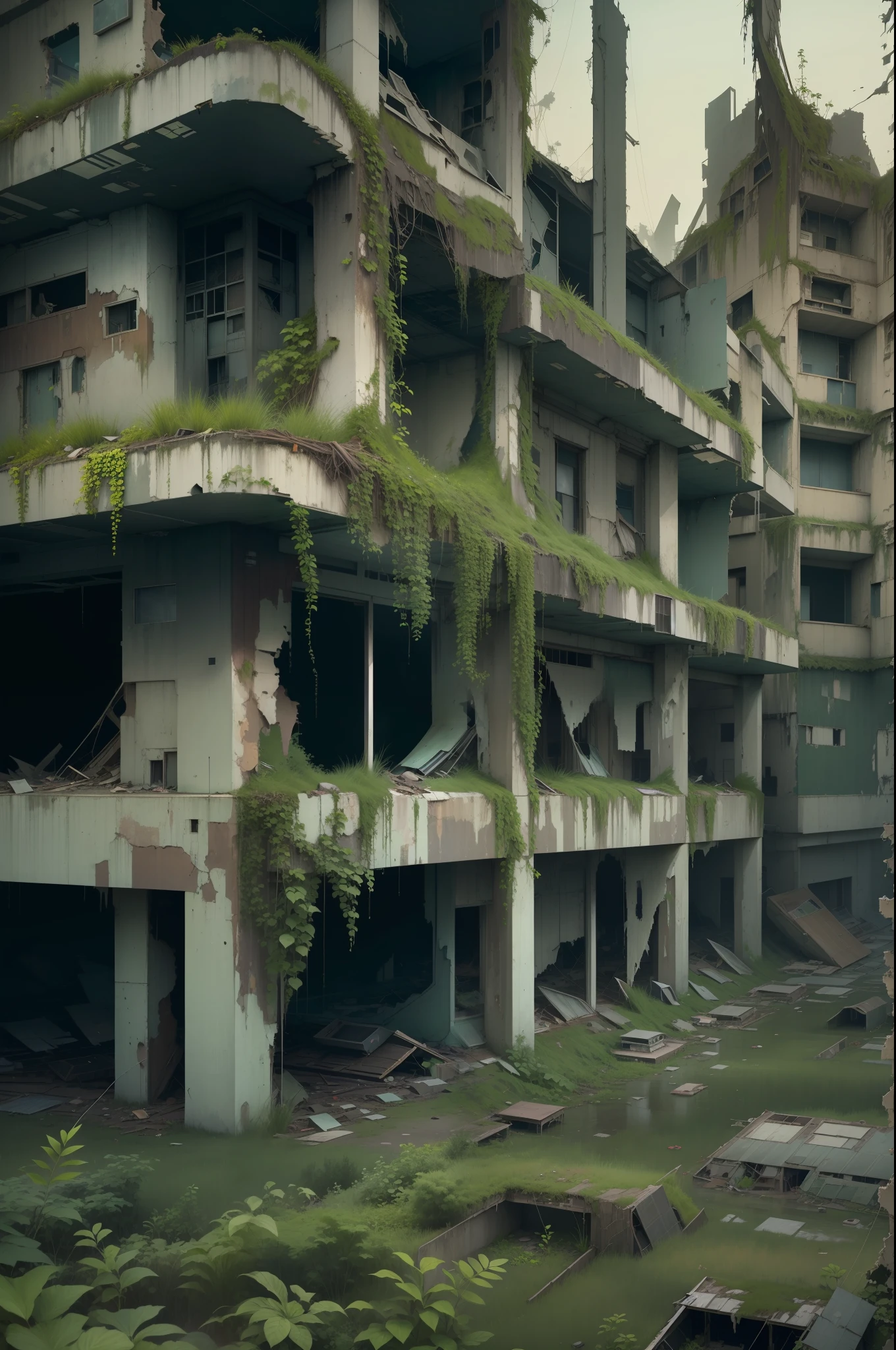 surreal architecture, surreal abandoned buildings, abandoned flying future city,decrepit,Broken,Armageddon,Dilapidated building,Buildings overgrown with plants,the night,Black sky