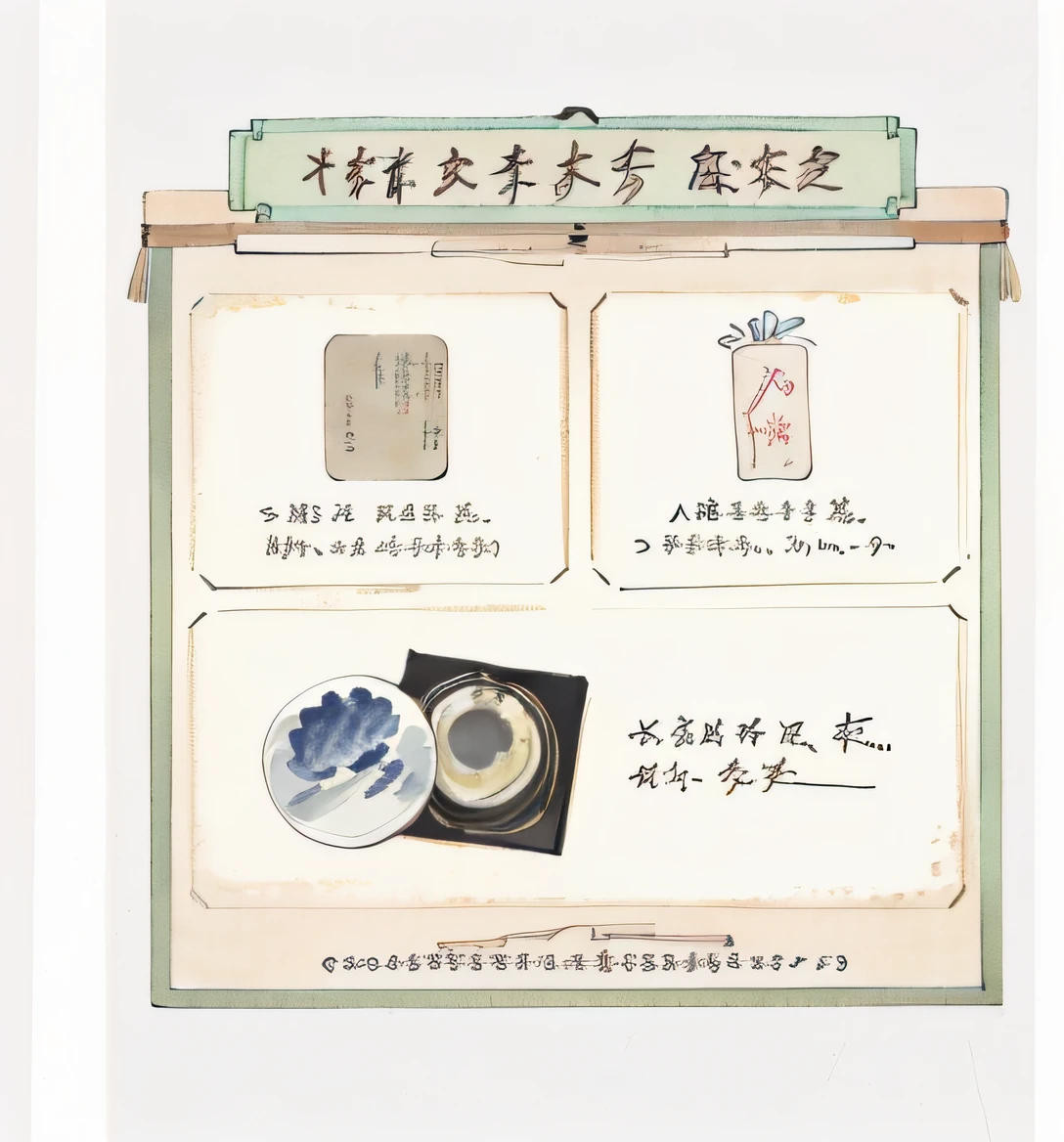 There are some items on the menu of the restaurant, japanese collection product, images on the sales website, Wang Chen, zerochan, advertisement picture, Middle metaverse, Official product image, detailled image, Chiba Yuda, Detailed picture, 8K)),Chinese-style painted border