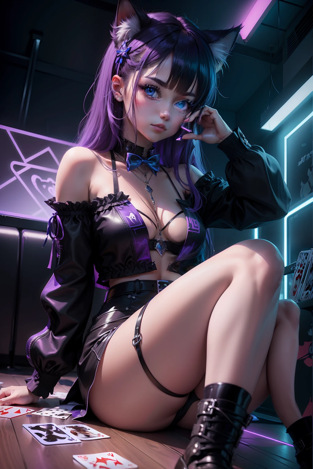 game style,A kitten,Holding playing cards,In front of the dazzling blue-violet neon lights,Ray traching,