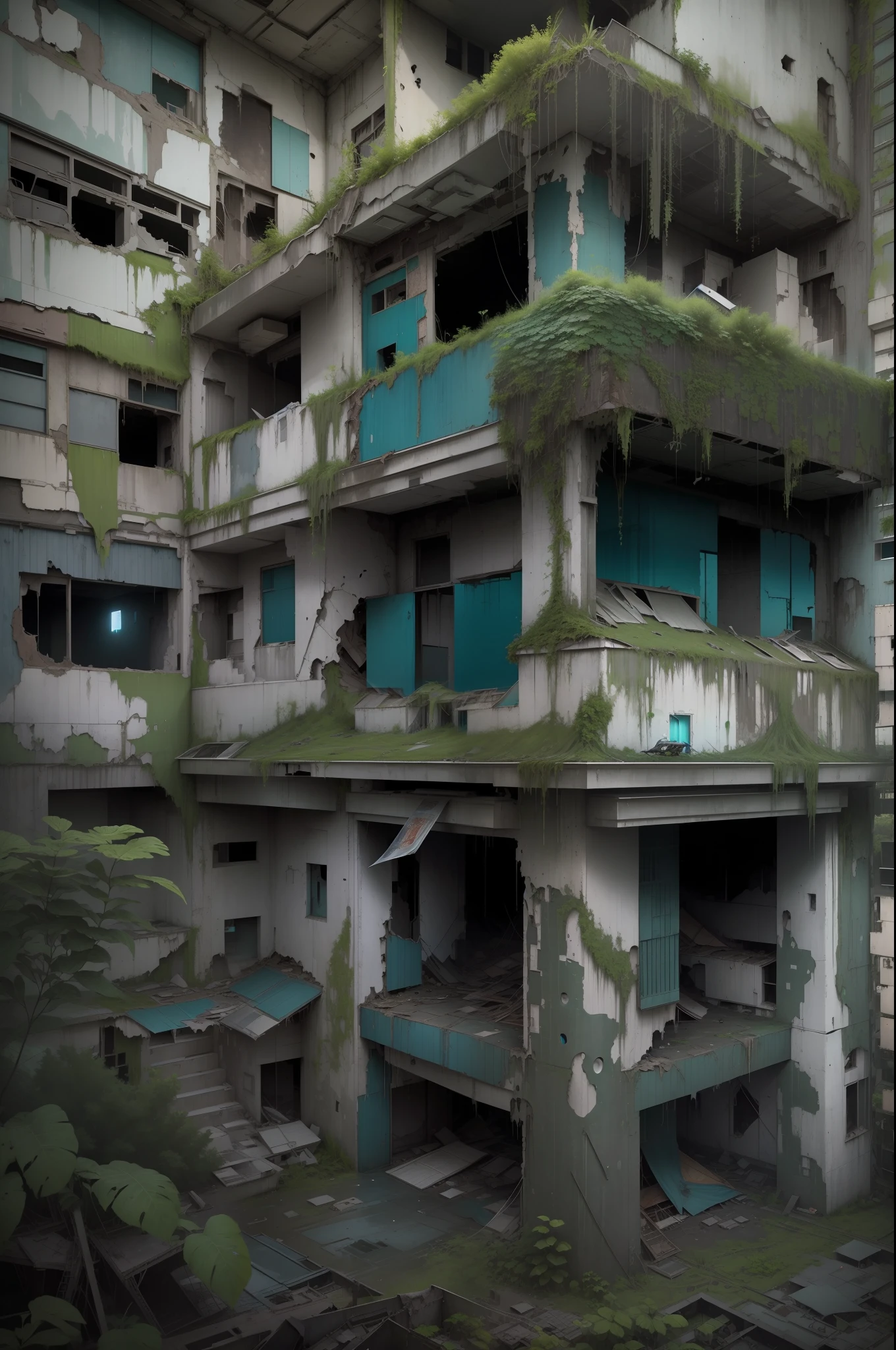 surreal architecture, surreal abandoned buildings, abandoned flying future city,decrepit，Broken，Armageddon，Dilapidated building，Buildings overgrown with plants，the night，Black sky，Spooky atmosphere，Chinese style buildings