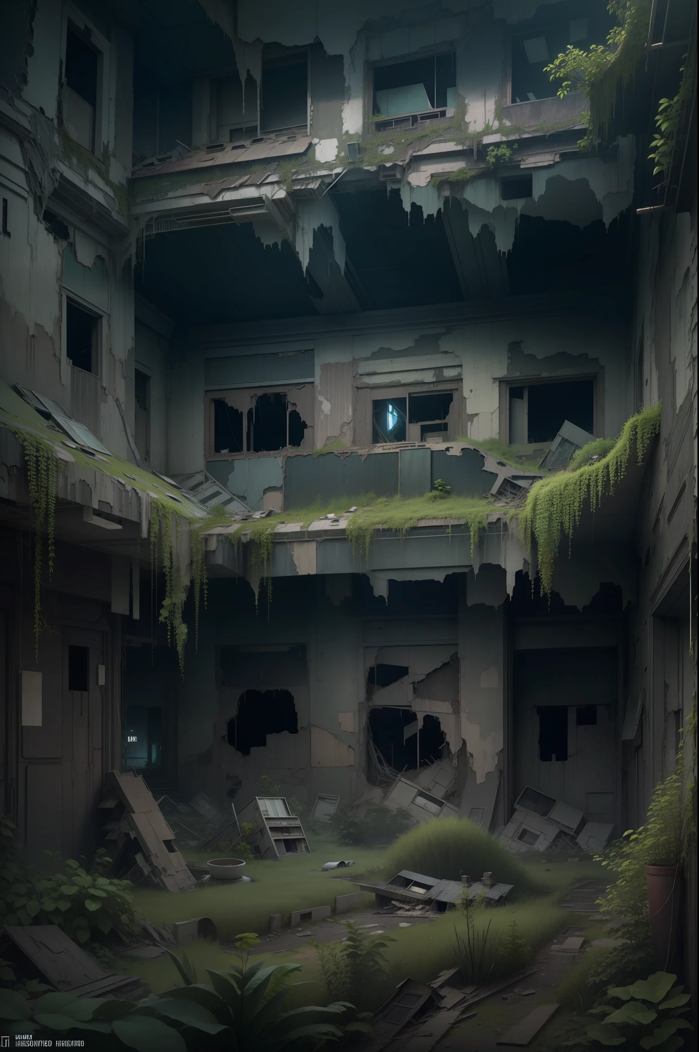 surreal architecture, surreal abandoned buildings, abandoned flying future city,decrepit,Broken,Armageddon,Dilapidated building,Buildings overgrown with plants,the night,Black sky,Spooky atmosphere,Chinese style buildings