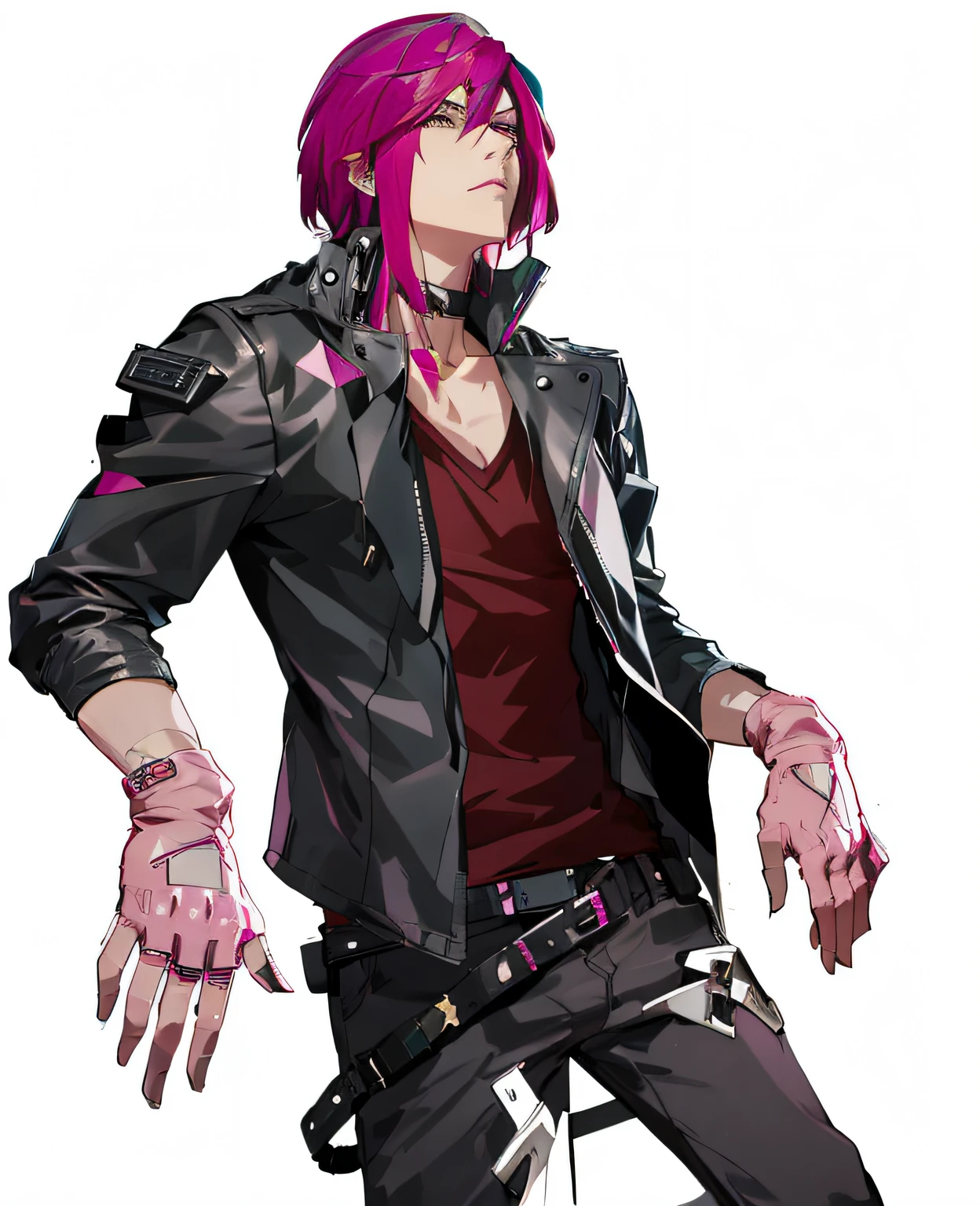 Anime - a stylish image of a man with pink hair and a leather jacket, male anime character, Handsome anime pose, official character art, Anime cyberpunk moderno, detailed anime character art, trigger anime artstyle, with pink hair, Digital cyberpunk anime art, cyberpunk character art, Cyberpunk dude
