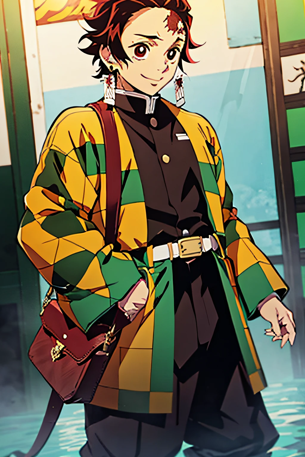 kimetsu no yaiba style, Kamado Tanjiro, demon slayer uniform, 1boy, Male Focus, facial scar, arma, Scar, earrings, tusk, Jewelry, Pants, scar on forehead, Brown hair, Belt bag, Black pants, komono, haori, green haori, Solo, Red Eyes, Long sleeves, Anime coloring, (((masutepiece)), Happy face, Water