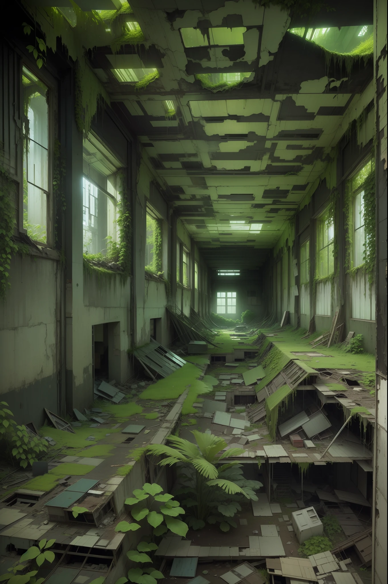 surreal architecture, surreal abandoned buildings, abandoned flying future city,decrepit，Broken，Armageddon，Dilapidated building，Buildings overgrown with plants，the night，Black sky，Spooky atmosphere，Chinese style buildings