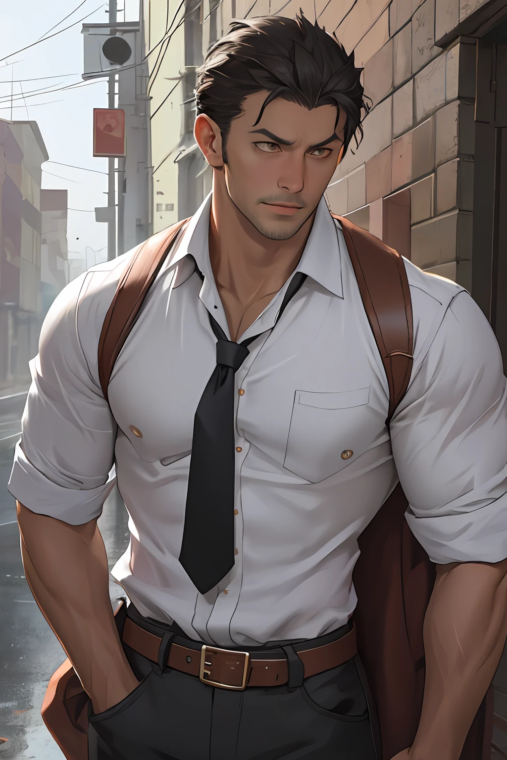 tmasterpiece，best qualityer，illustratio，Realisticstyle，photo realistic style，detail in face，offcial art，Movie lighting，1male people，in a white shirt，Wear a tie，wearing leather belt，are standing，Close-up of the crotch，Crotch view，Drenched，Get wet， Solo ，Handsome，virile，Handsome face，[[[［musculature］，Short hair，Gold eyes，looking at viewert