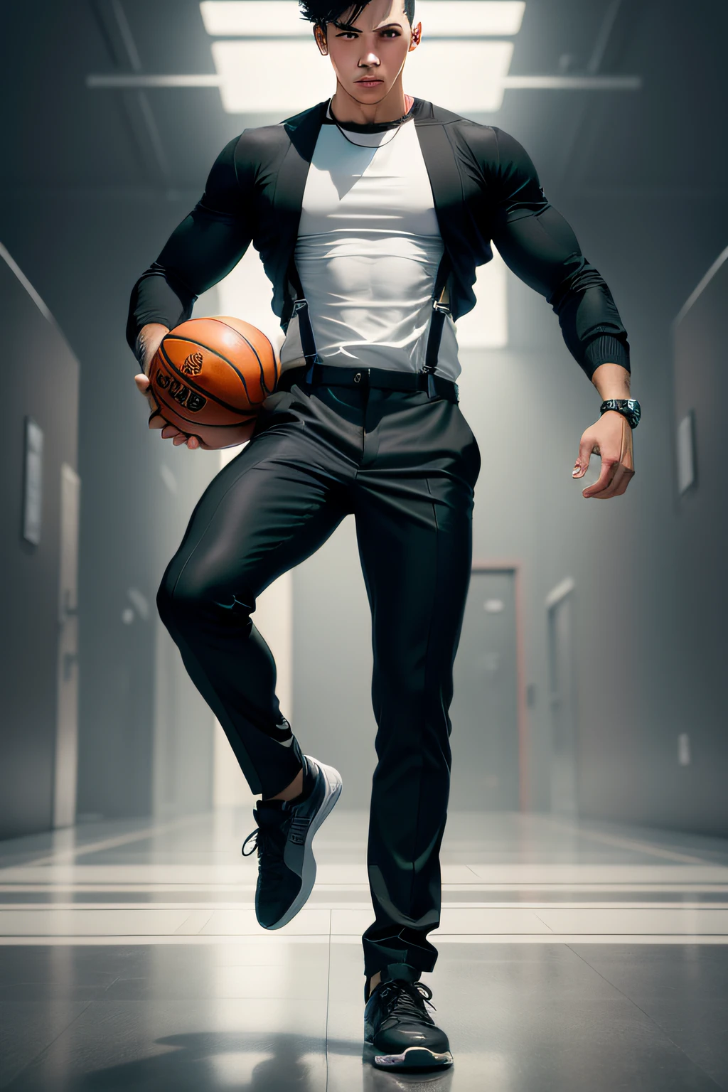 A young boy takes center stage in this artwork, exuding confidence and charisma. The male protagonist stands alone, wearing a stylish black shirt with long sleeves and a fashionable black sweater, paired with grey pants and black footwear. Completing his sporty look, he holds a basketball in one hand, emphasizing his passion for the game. Suspenders add a touch of sophistication to his attire, making him stand out from the crowd. The artwork showcases his full body, allowing viewers to appreciate his athletic build and the dynamic pose he strikes with the basketball.