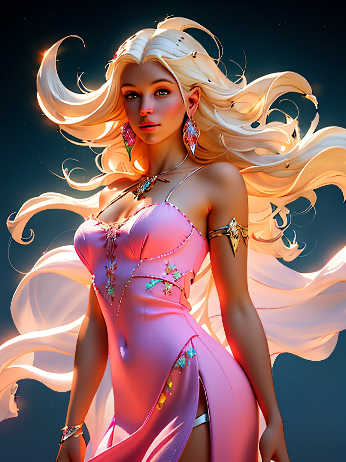 blond woman with white hair and glowing lights in a pink dress, beautiful digital artwork, fantasy gorgeous lighting, gorgeous digital art, stunning digital illustration, digital fantasy art ), 3 d render character art 8 k, a stunning young ethereal figure, 4k highly detailed digital art, ethereal fantasy, very beautiful digital art, beautiful digital art, fantasy digital art, digital fantasy art