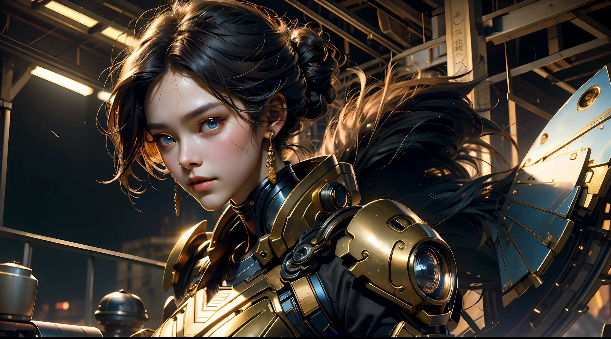 tmasterpiece,best qualtiy,(轴对称:1.4),(HDR),(cinematric light:1.1),Half woman, half mechanical,(Close portrait:1.3),Large breasts,looks into camera,The background is the battlefield