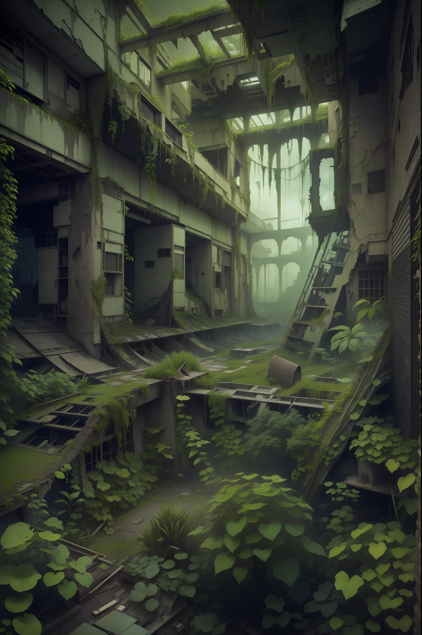 surreal architecture, surreal abandoned buildings, abandoned flying future city,decrepit，Broken，Armageddon，Dilapidated building，Buildings overgrown with plants，the night，Black sky，Spooky atmosphere，Japanese-style architecture