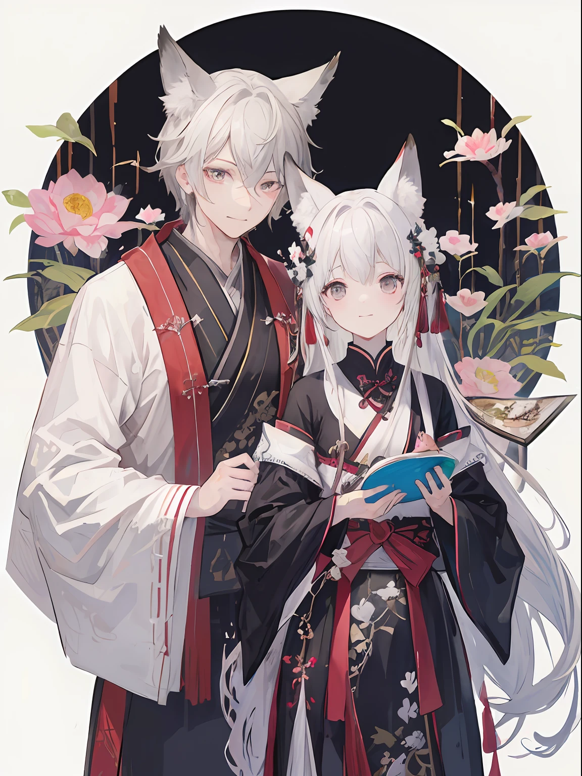((4K、masterpiece、top-quality))、(Two men smiling face to face)、Gray-haired man with beautiful fox ears、Strong man with black hair with wolf ears、ink and watercolor painting、Traditional Chinese Ink Painting、lotuses、Hanfu、Maxi Kit、Dress conservatively、Animal ears,、bule、florals、Lots of flowers nearby、shenron、extra detailed face