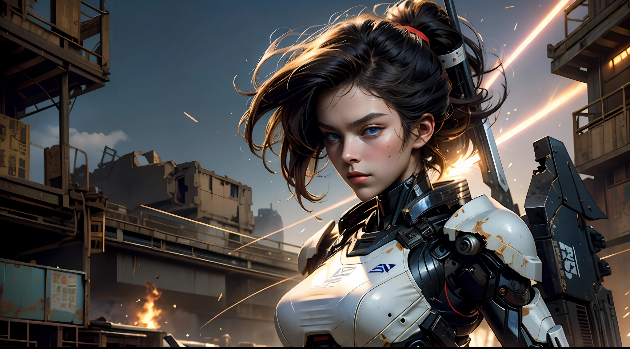 tmasterpiece,best qualtiy,mechs,NOhumans,(full bodyesbian),(Black Mech:1.5),(轴对称:1.4),(HDR),(cinematric light:1.1),In the background is a huge mech,eBlue eyes,scientific fiction,firey,Laser cannon beam,karo,conflict,Destroyed city background holding weapons,(Armed with a huge weapon:1.5),holding an oversized shield,Teenage girl in racing suit in the foreground,(Close portrait:1.3),Large breasts