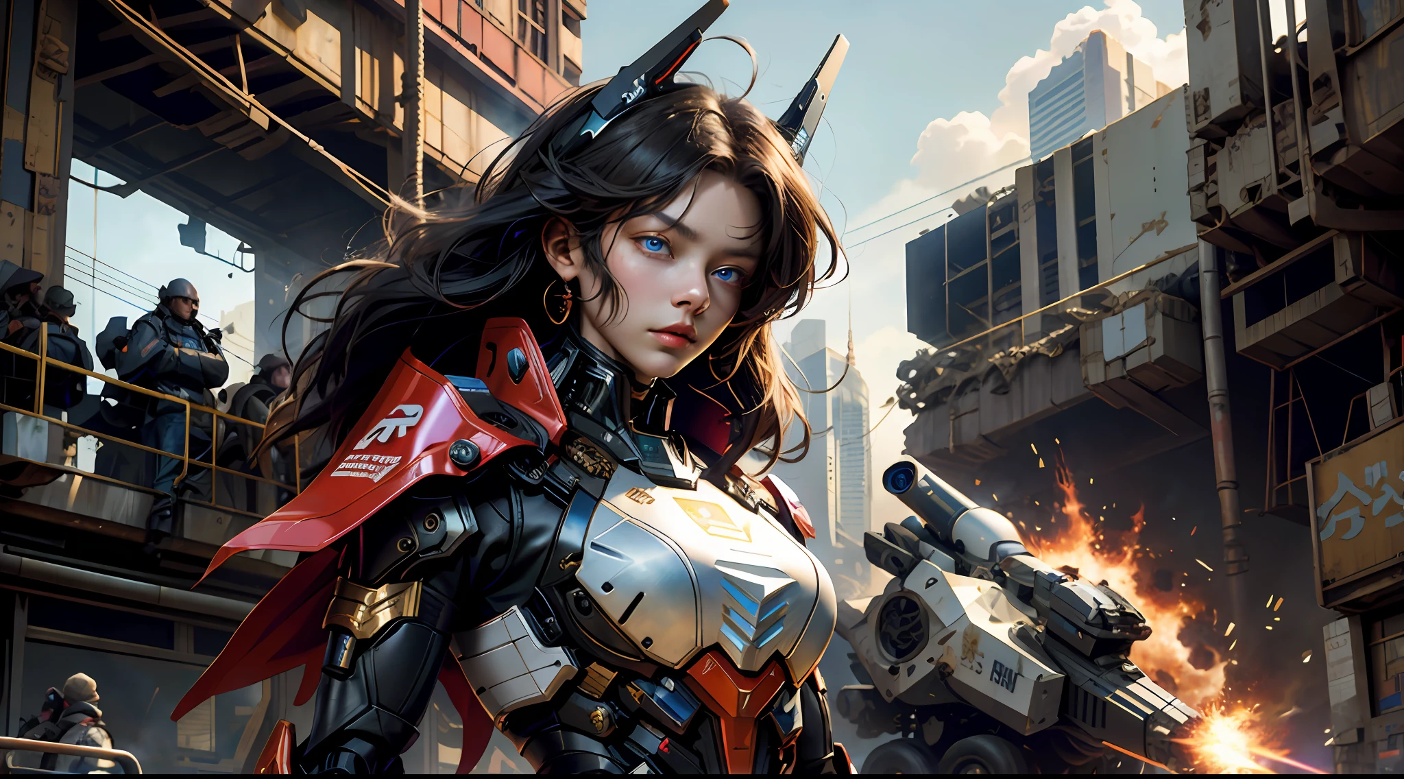 tmasterpiece,best qualtiy,mechs,NOhumans,(full bodyesbian),(Black Mech:1.5),(轴对称:1.4),(HDR),(cinematric light:1.1),In the background is a huge mech,eBlue eyes,scientific fiction,firey,Laser cannon beam,karo,conflict,Destroyed city background holding weapons,(Armed with a huge weapon:1.5),holding an oversized shield,age girl in racing suit in the foreground,(Close portrait:1.3),Large breasts