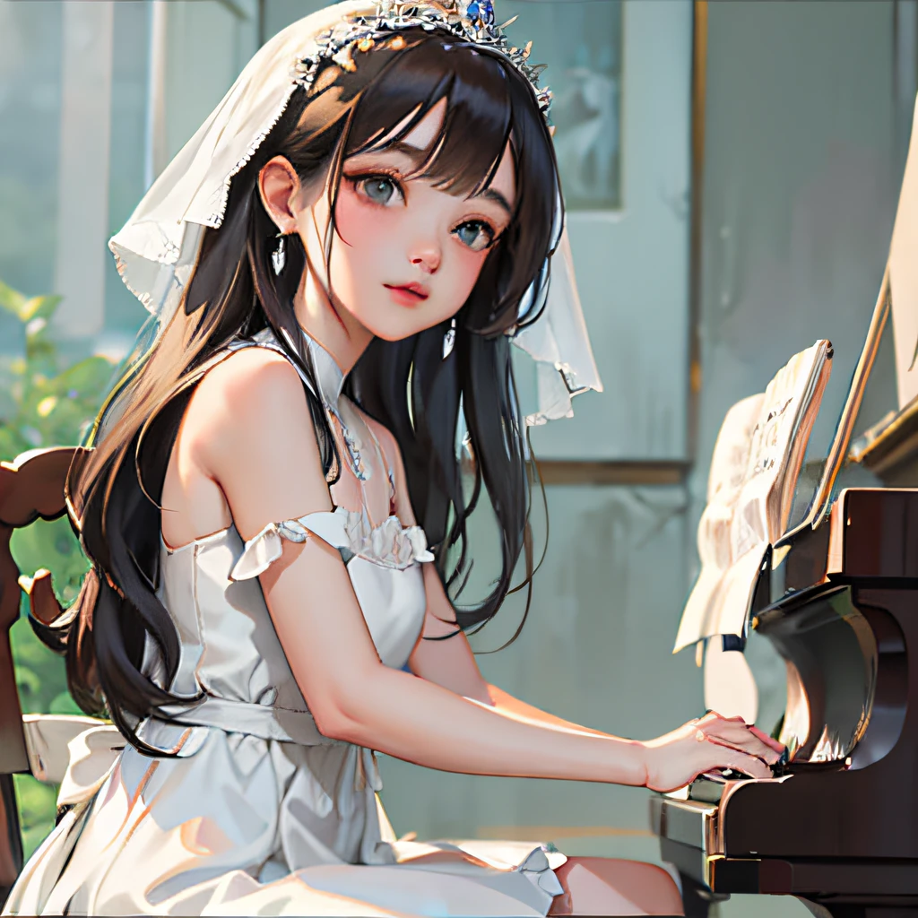 Anime girl playing piano in white dress，A veil is worn over the head, Guviz-style artwork, Guviz, guweiz masterpiece, 8k high-quality detailed art, Guweiz in Pixiv ArtStation, Guweiz on ArtStation Pixiv, Smooth anime CG art, Anime style. 8K, Realistic anime 3 D style, Pianist