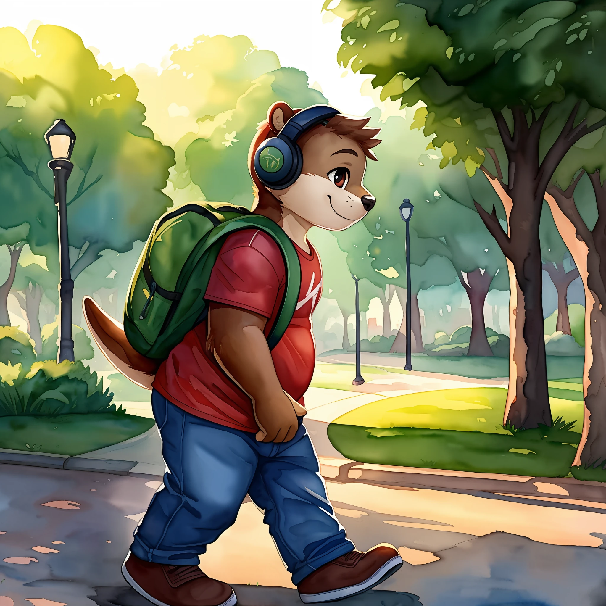 Boy, solo, anthro, young, otter, (slightly chubby), happy, smile, headphones, 1boy, (red sleeved tshirt), (denim jeans), (green backpack), park, walk, (from side), headphones, detailed lighting, watercolor