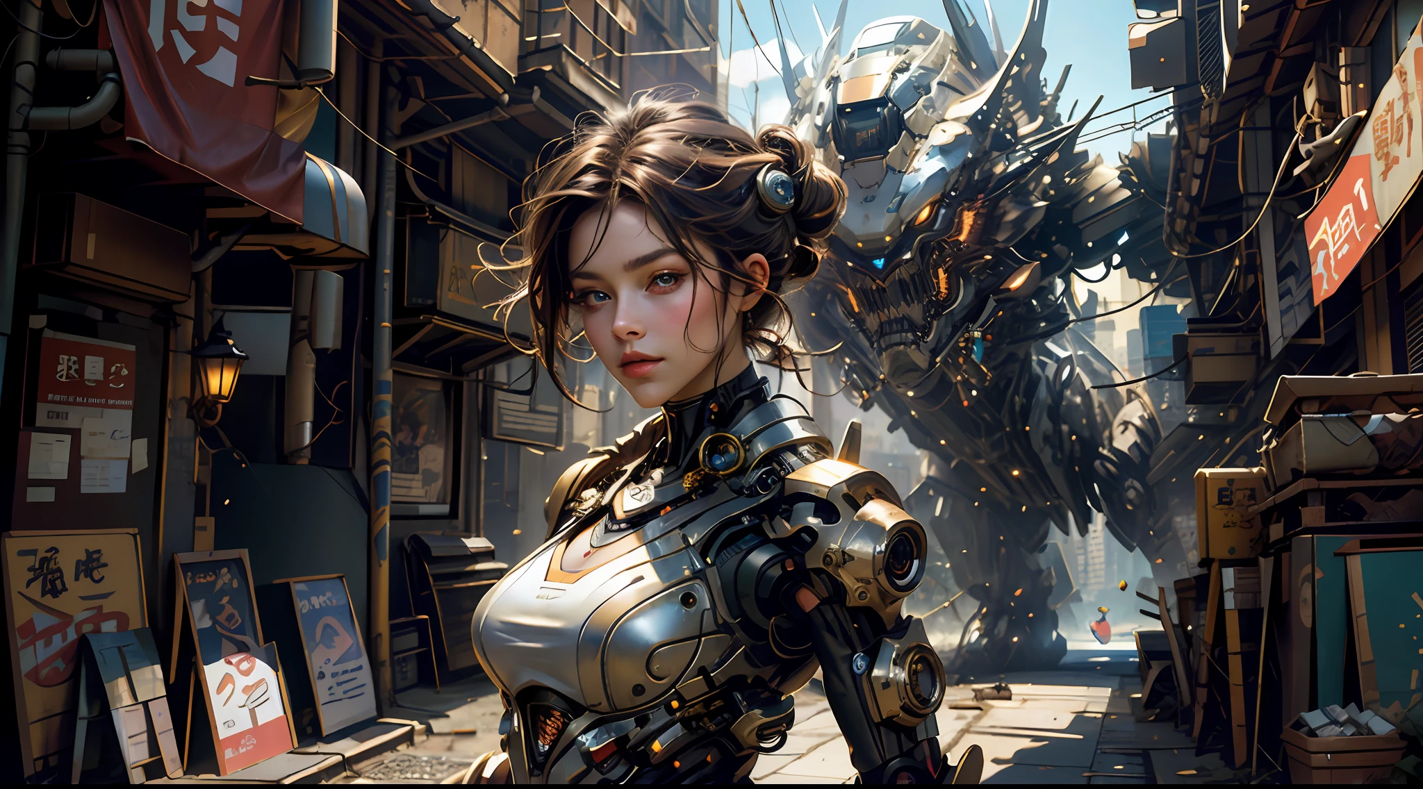 tmasterpiece,top-quality,best qualityer,offcial art,Beauty and aesthetics:1.2),(tmasterpiece:1.3), (8K, realisticlying, RAW photos, best qualtiy: 1.4), beauitful face, (photorealiscic face),超高分辨率, Ultra photo realsisim, highly detailed, the golden ratio, (Award-winning digital artwork:1.3) af (sketching:1.3),(with dynamism:1.3),(Saturation:1.3),(Close portrait:1.3),illusory engine, (High detail: 1.9),(femele:1.4),(big breasts beautiful: 1.4),(carismatic:1.3),Girl in futuristic suit holding weapon,In front of the city of gunsmoke,Gunsmoke Street,battlefiled, Real women,Real face,cute female child, The perfect cyborg girl, Beautiful female ,beautiful girl cyborg,robotic hand,CG,4K,dramatics,Large breasts,the night,cyber punk perssonage,