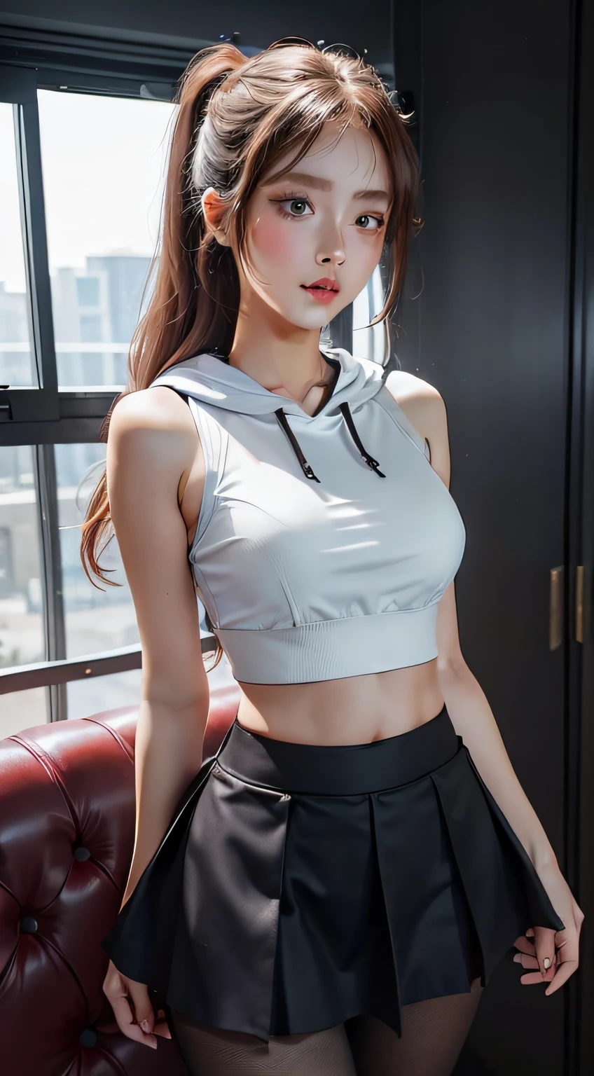 （tmasterpiece，realisticlying，A high resolution），（（1girll）：1.2），（（White wavy hair）：1.3），（heterochromatic eyes：1.1，Thick eyebrows，），（White showy hoodie），（（mediuml breasts）：1.2，Small waist，upper legs），Catwalk walk，tmasterpiece：1.2，best qualtiy），hentail realism，（Real pictures，rich detail details，depth of fields），（1个Giant Breast Girl，独奏），putting makeup on，high detal，Perfect face shape，（：1.4），（dent in the skin），Thigh thick，Wide hips，Thin waist，highr，coral，Redlip，red eyes，pony tails（Kizi，Shallow tulle，Tulle transparent），（sweat leggs：1.2），（dampness），Raised sexy，Be red in the face，（shyexpression）， vests，Harnes，belly-bar，shorter pants，Yoga pants for，Tight skirt，skin-tight short-pants，stocklings，fishnet stockings，pyjamas，pleatedskirt，Skirt，Skirt that wraps hips
