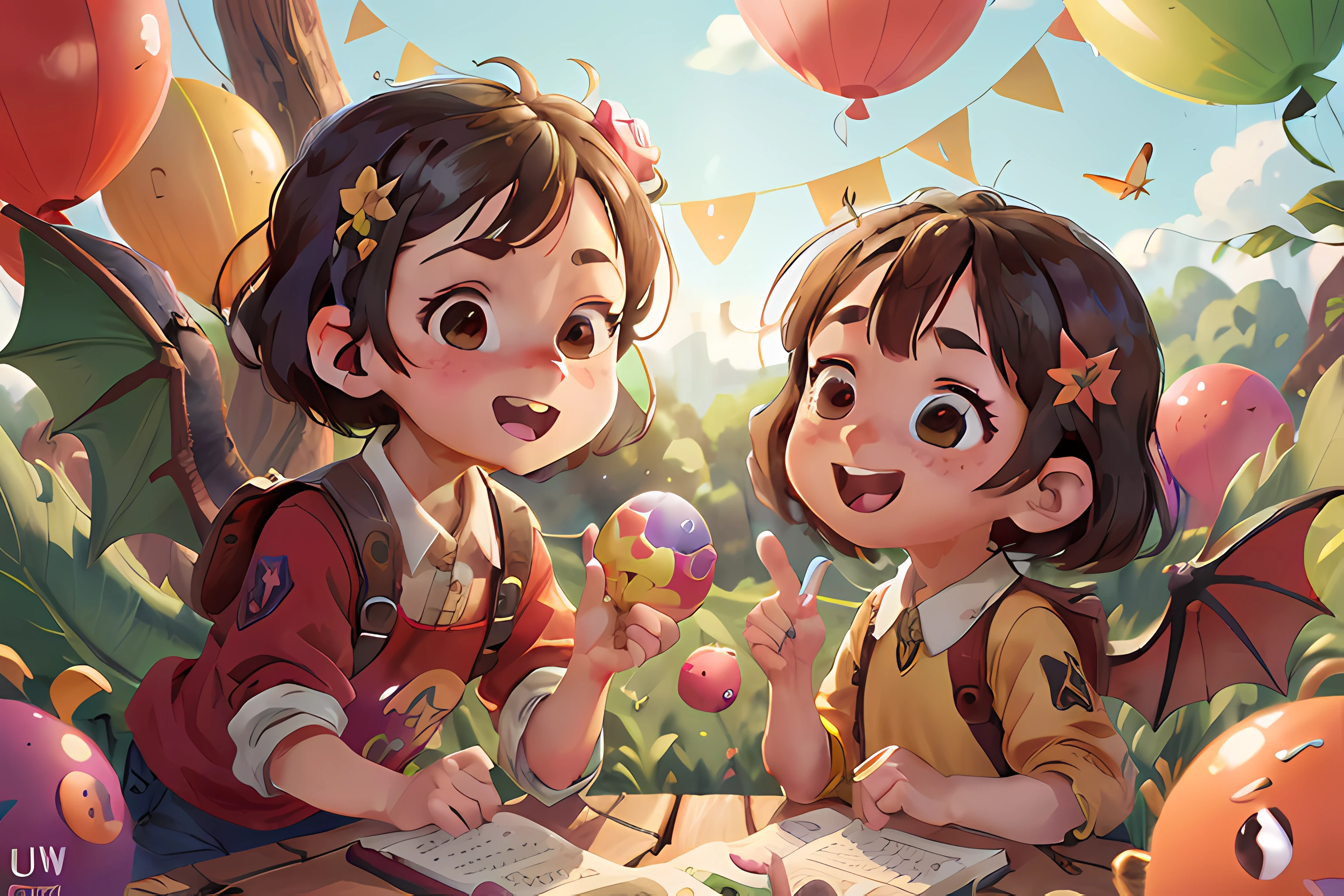 UHD,(High definition resolution:1.2),Skin luster,(Best quality:1.1),(masterpiece),(best quality),smile,(beautiful detailed face),(beautiful detailed eyes),8K,Around the flying colorful balloons,((Two boys are playing)),(Peripheral small animals:1.1),outside,lovable,dragon boat,rainbow,