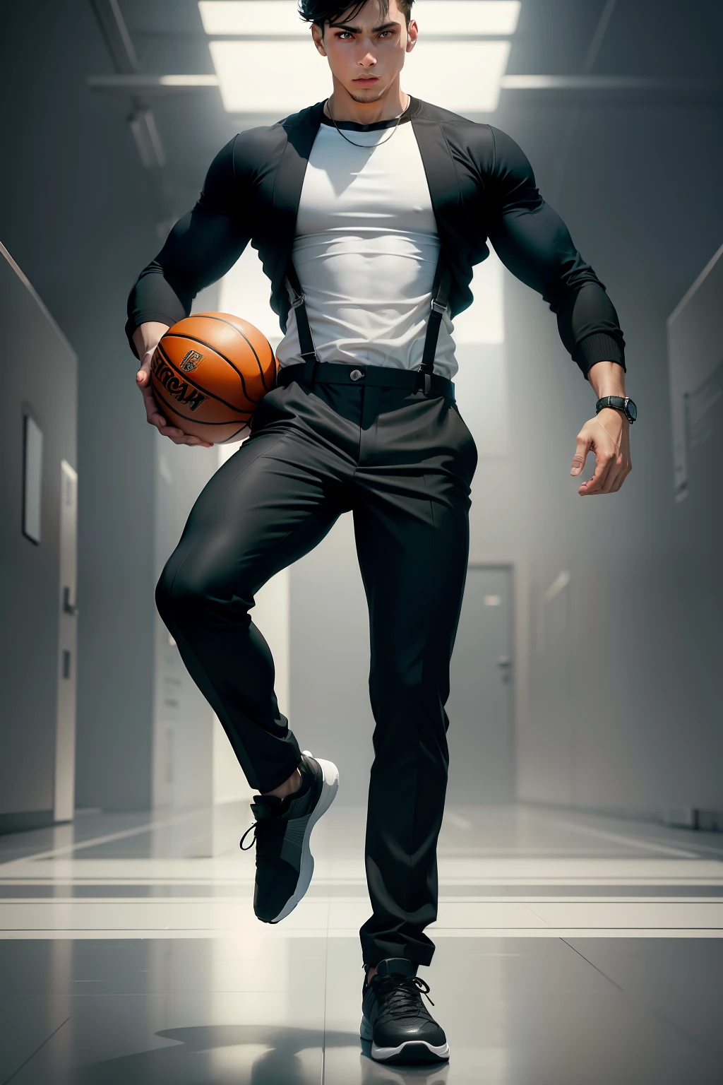 A young boy takes center stage in this artwork, exuding confidence and charisma. The male protagonist stands alone, wearing a stylish black shirt with long sleeves and a fashionable black sweater, paired with grey pants and black footwear. Completing his sporty look, he holds a basketball in one hand, emphasizing his passion for the game. Suspenders add a touch of sophistication to his attire, making him stand out from the crowd. The artwork showcases his full body, allowing viewers to appreciate his athletic build and the dynamic pose he strikes with the basketball.