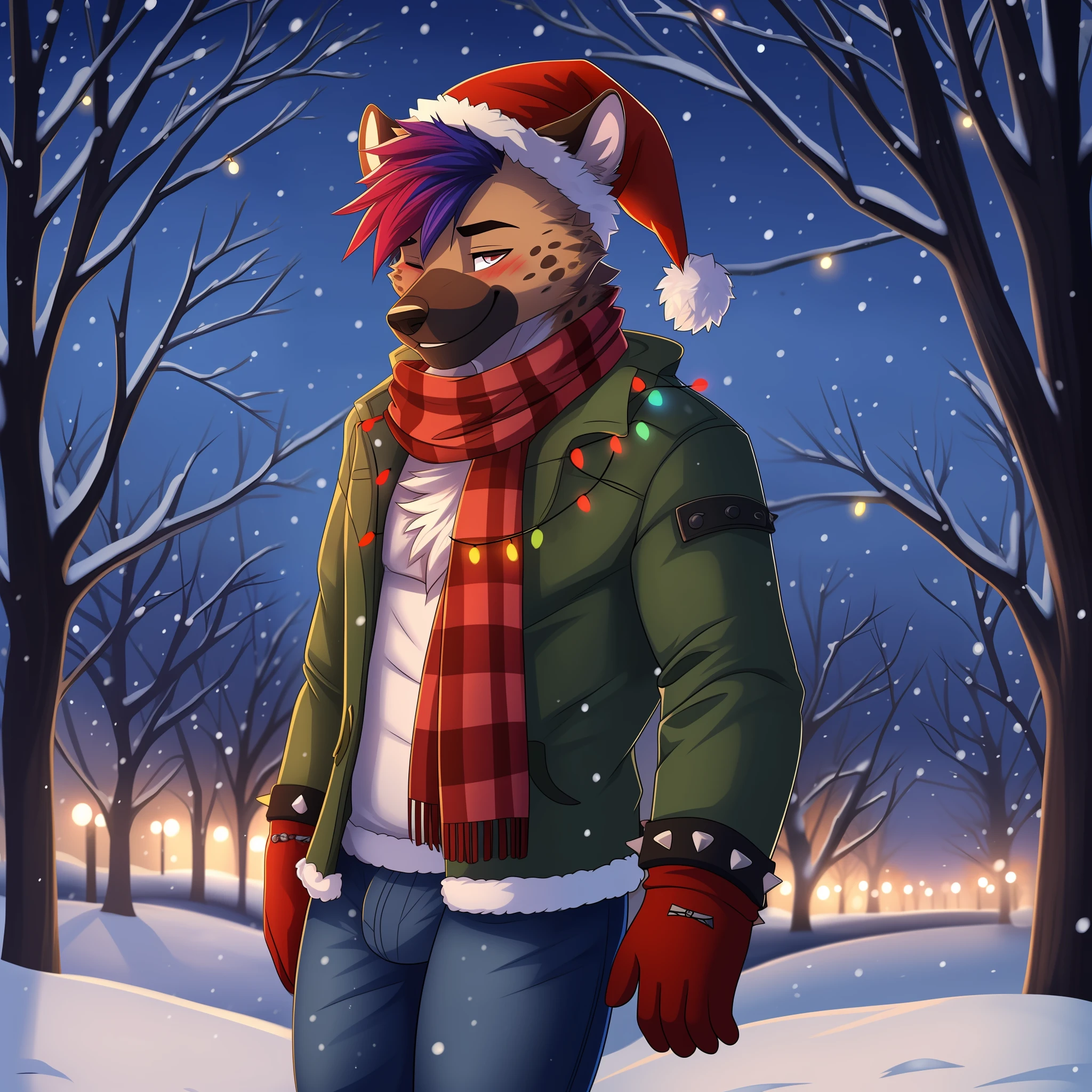 male, solo, anthro, hyena, (jeans), blushing, smile, (closed eyes), (winter coat), park, detailed lighting, (punk hair), winter, snow, Christmas lights, (Christmas hat), mittens, park, (snowy night), scarf