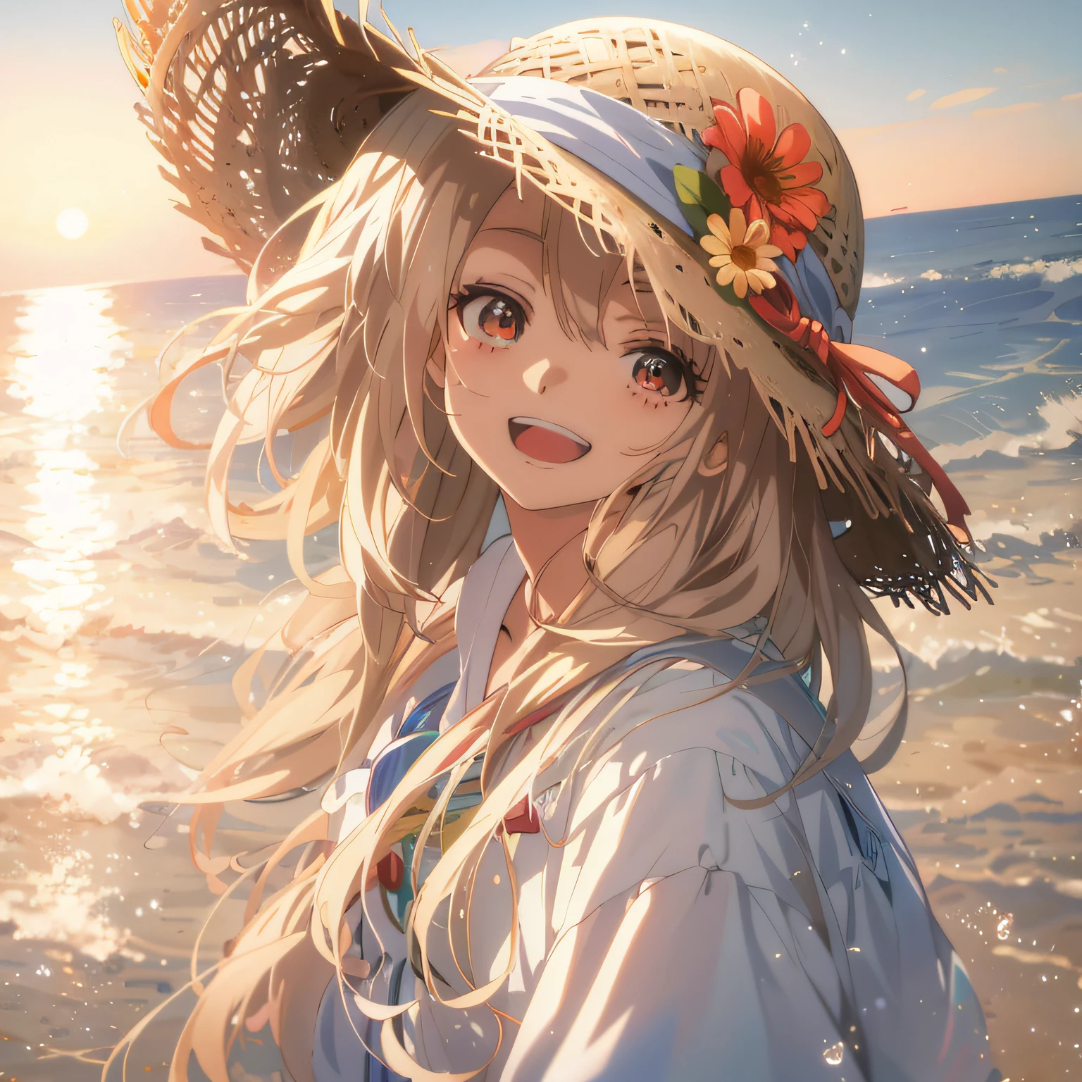 Anime girl wearing straw hat on beach at sunset, a beautiful anime portrait, Beautiful anime girl, Cute anime girl, Cute anime girl portrait, with straw hat, cute anime girl portraits, portrait anime girl, anime visual of a cute girl, Beautiful anime, pretty anime girl, a serene smile, Beautiful anime artwork, Beautiful anime woman, Guweiz in Pixiv ArtStation