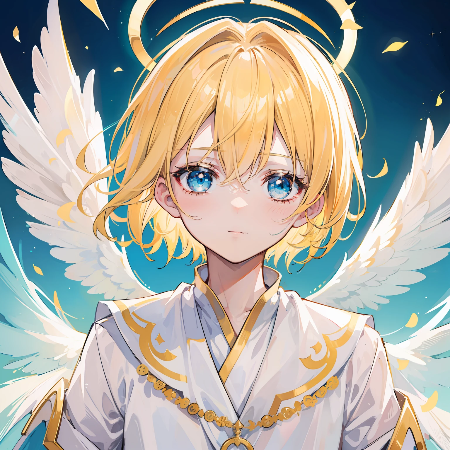 (younge boy:1.2,Golden hair，short detailed hair,Turquoise eyes,adolable,angelic halo,Wings,long white robe,Upper body portrait,sacred feeling，Face portrait