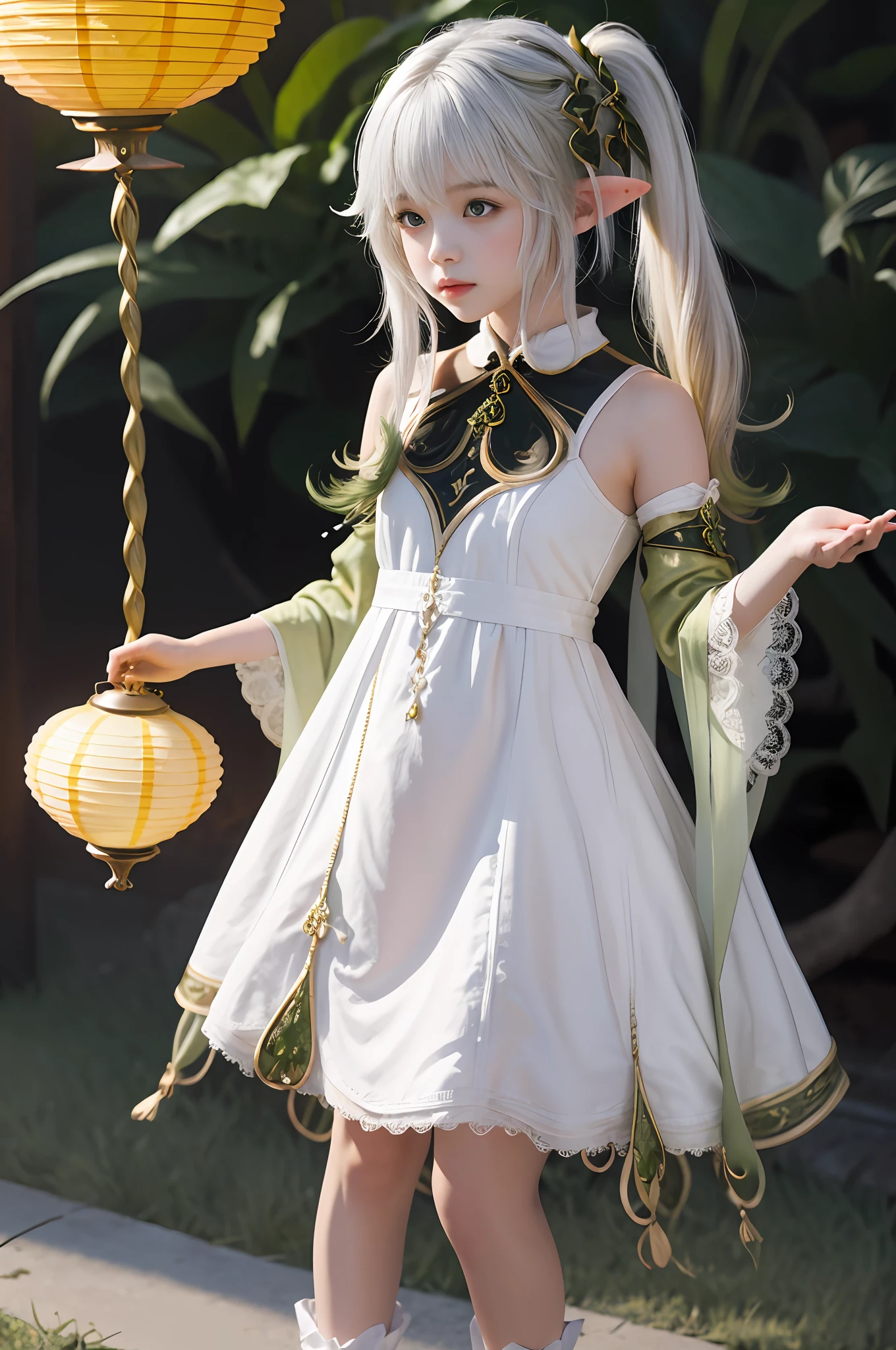(Extremely delicate and beautiful:1.2),1girll, Top masterpieces，Hot details，Super fine details，Dynamic standing painting，standing on your feet，full bodyesbian，By bangs,, Bow knot, seen from the front, Hair Bow, Lanterns, light particules, longer sleeves, looking at viewert，独奏，white dresses，Gold pattern，Black pattern，thin long ears，elvish ears