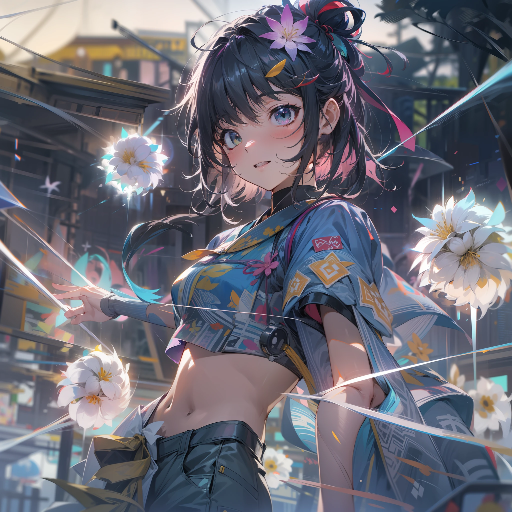 Render in 8K ultra-high resolution、Summer night view of Japan in the near future。Young man in the center of the screen、Active women are vividly depicted。Her hairstyle is a short cut with black hair that reflects the trend、some pink、Green grass、It has a yellow hologram color、Change color to match her expression。

Her outfits are contemporary yet futuristic。argent, Reflective Tech Crop Top is her young々Shisu.々Energy orientation、Underneath it is、There are cyberpunk-style transparent high-waisted shorts that highlight her movements.。White LED sneaker feet that make you feel the future、The lights change depending on her movements。

What she holds in her hands is、AI-controlled hologram drone。React to her facial expressions and movements.、Fly around happily。

Spread behind her is、Night sky with countless fireworks。each々Fireworks are precisely computer controlled、Each gives off a different color and shape。Huge fireworks in the sky、Small fireworks intersect intricately to form a web of light。Some of them have different flower shapes.、Some people draw geometric patterns.。All these fireworks exploded at the same time.、The night sky is a magnificent scenery like a moving painting。

Underneath it is、Lined with stalls made with holographic technology、It's buzzing。At each street stall、Try the latest VR games、Enjoy the gastronomy of the future offered by AI。Festival liveliness and music、Eta、The sound of digital wind chimes swaying in the wind、Near future、Make summer evenings even more exciting。