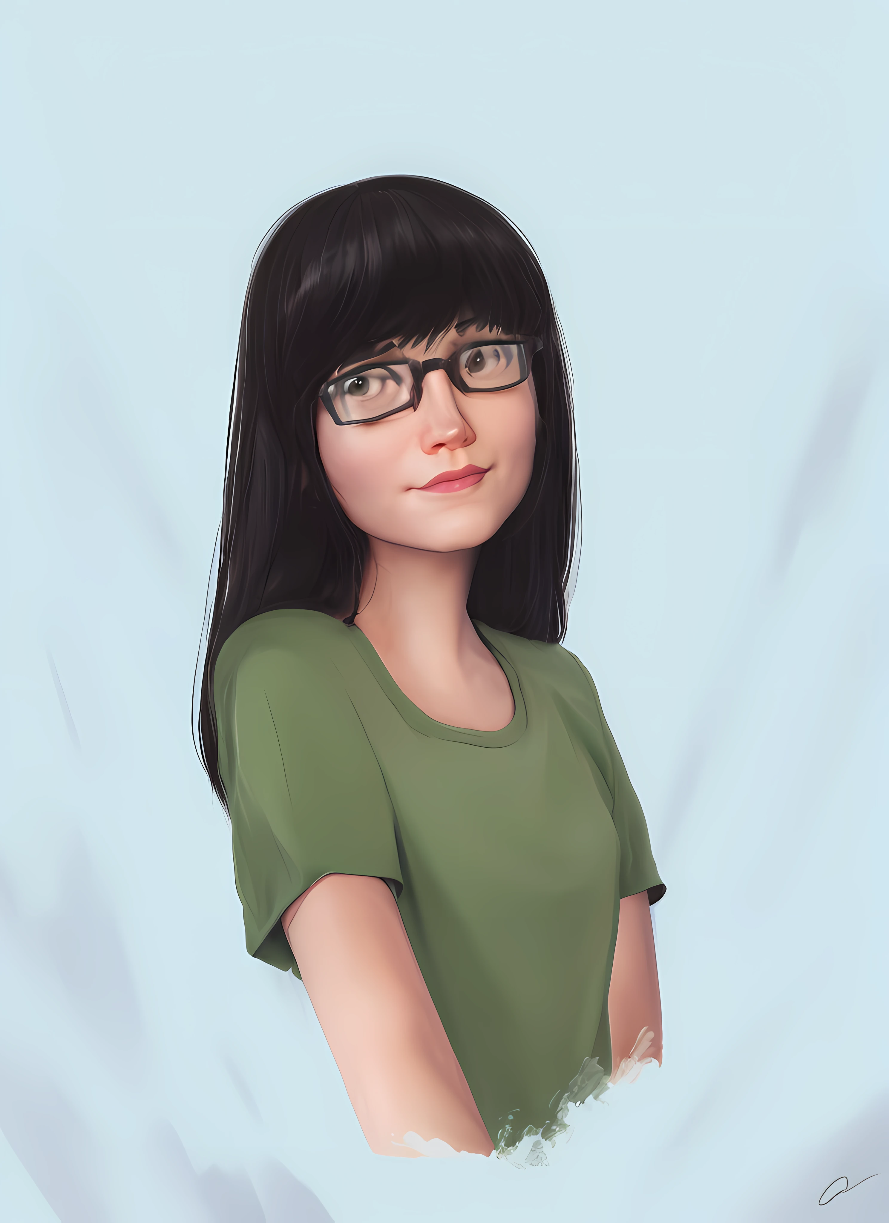 there is a digital painting of a woman with glasses on, character portrait of me, tina belcher as a real person, anime style portrait, cartoon digital painting, character concept portrait of me, semirealistic anime style, halfbody portrait, anime realism style, realistic cute girl painting, kawaii realistic portrait, anime portrait, cute portrait, in an anime style, realistic self portrait