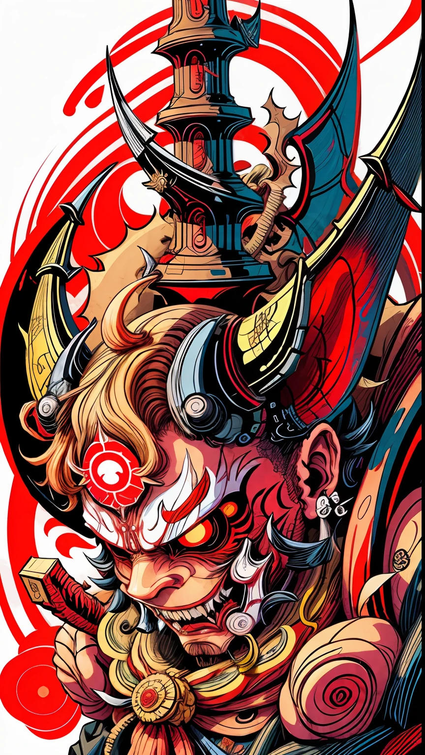 Hannya mask style 0mib, Illustrator, tmasterpiece, high qulity, 8k, A high resolution, high detal, s girl, samurais,Carry a huge axe on your shoulders