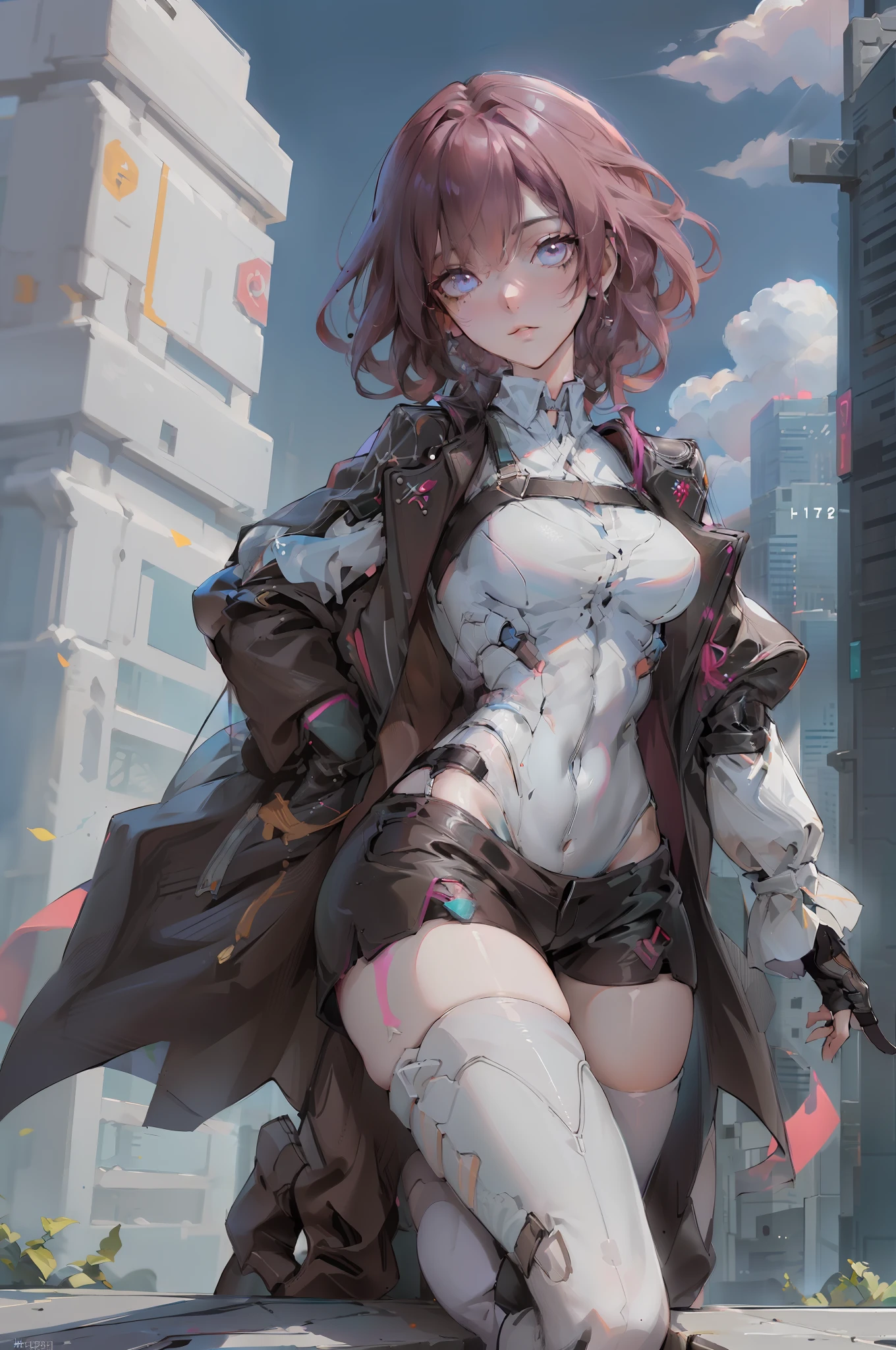 ((best qualtiy)), ((tmasterpiece)), (the detail:1.4), 3DHDR(HighDynamicRange),Ray traching,NVIDIA RTX,Hyper-Resolution,Unreal 5,Subsurface scattering、PBR Texture、post-proces、Anisotropy Filtering、depth of fields、maximum definition and sharpness、Many-Layer Textures、Albedo e mapas Speculares、Surface coloring、Accurate simulation of light-material interactions、perfectly proportions、rendering by octane、Two-colored light、largeaperture、Low ISO、White balance、the rule of thirds、8K raw data,The background is cyberpunk,Cidade futuristica,Slum streets,Roof,neonlight,Cool spaceship traveling in the sky,A beautiful cyberpunk female image,Exquisite facial features,perfect body figure,huge tit,Long legs,machine arm,Vest line,groin,Combat skirt,Mechanical socks,Long boots,high-heels,black leather clothes,Future wind,Cool mech,Long boots,Bare thigh skin,Exposed skin on the abdomen