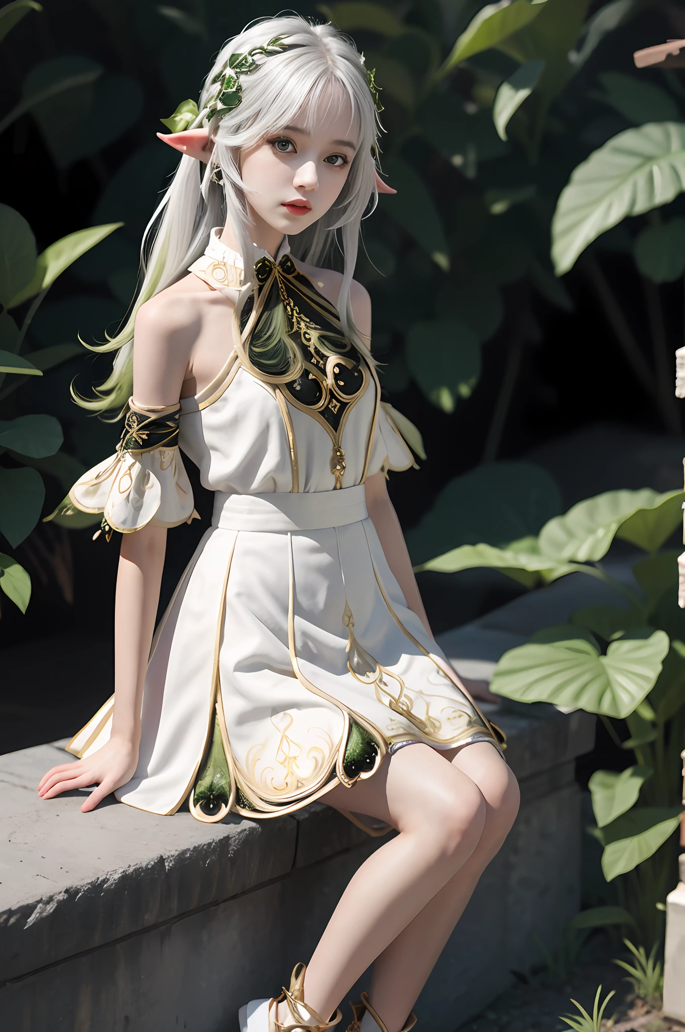 Slim hands,The slender hands are extremely delicate and beautiful:1.2),1girll, Top masterpieces,Hot details,Super fine details,Dynamic standing painting,standing on your feet,full bodyesbian,By bangs,, Bow knot, seen from the front, Hair Bow, light particules, longer sleeves, looking at viewert,独奏,white dresses,Gold pattern,Black pattern,white dresses,The skirt has a gold complex pattern,The skirt has a dark green intricate pattern,thin long ears,elvish ears,