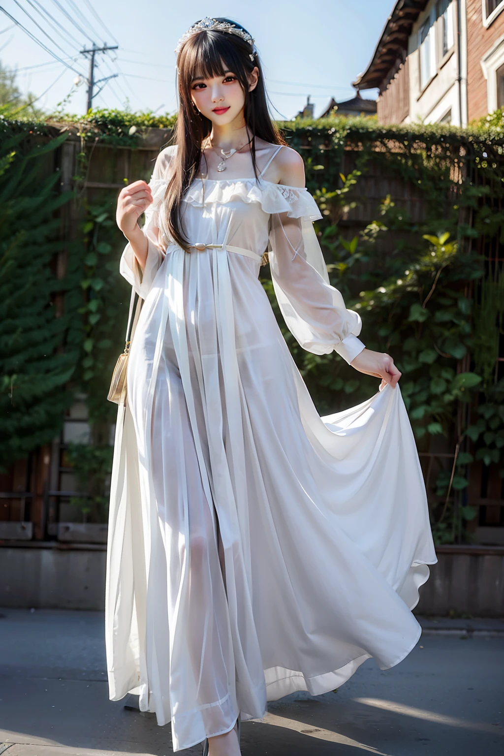 Woman in long dress,full bodyesbian,standing on your feet。