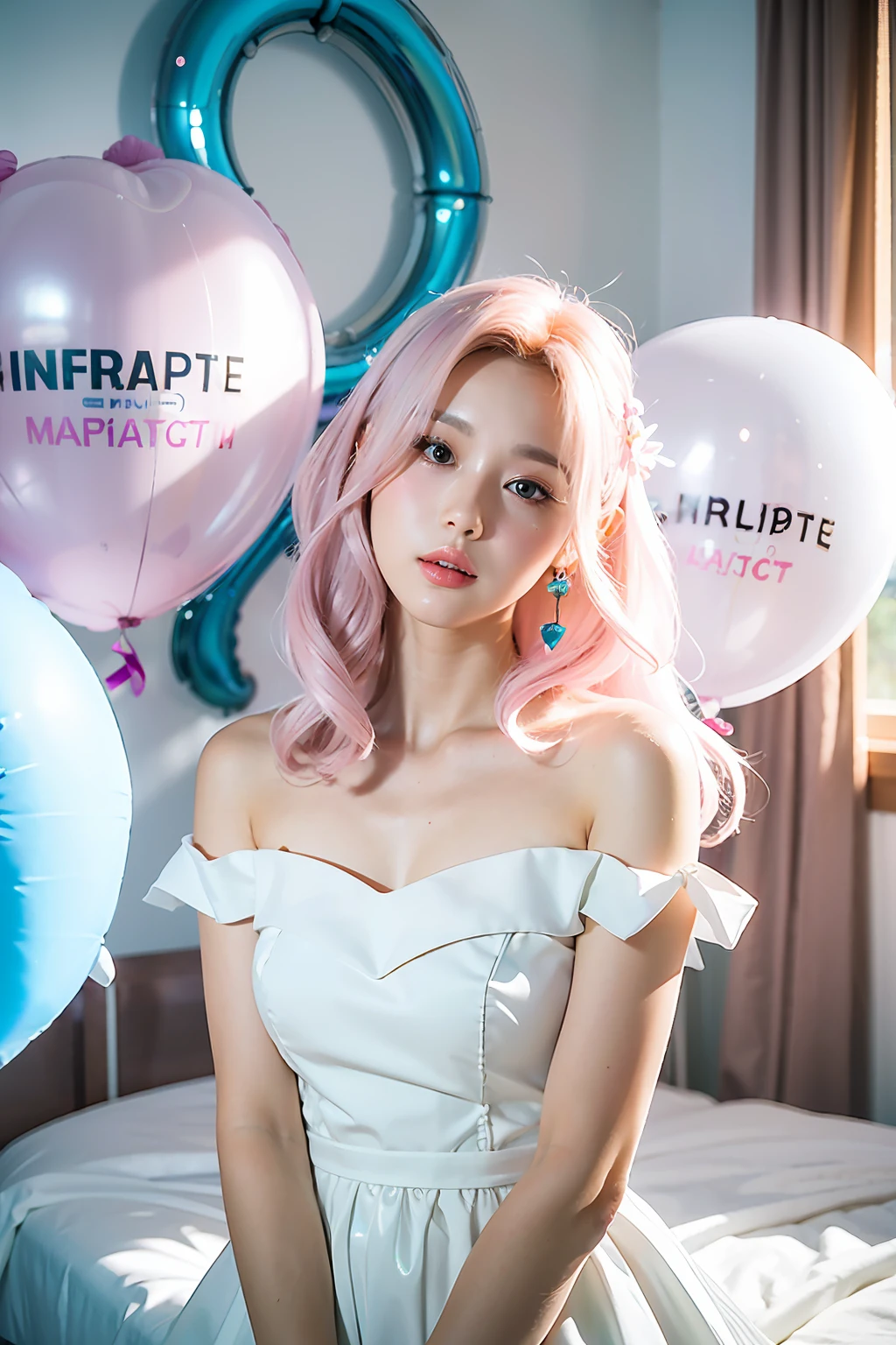 (MASTERPIECE:1.2),(CGI ART:1.3),(REALISTIC:1.5),(POST PROCESSING:1.3),(SHARP FOCUS:1.3),8K,1 girl in bedroom, ((UPPER BODY)), ((white dress)), (((shiny skin))), (wide shot:1.4), window,  (((Pastel balloons MESS IN BACKGROUND))), (high shadows detail) , (ILLUSTRATION:1.2), (ulzzang-6500:1.0), ((HDR)),