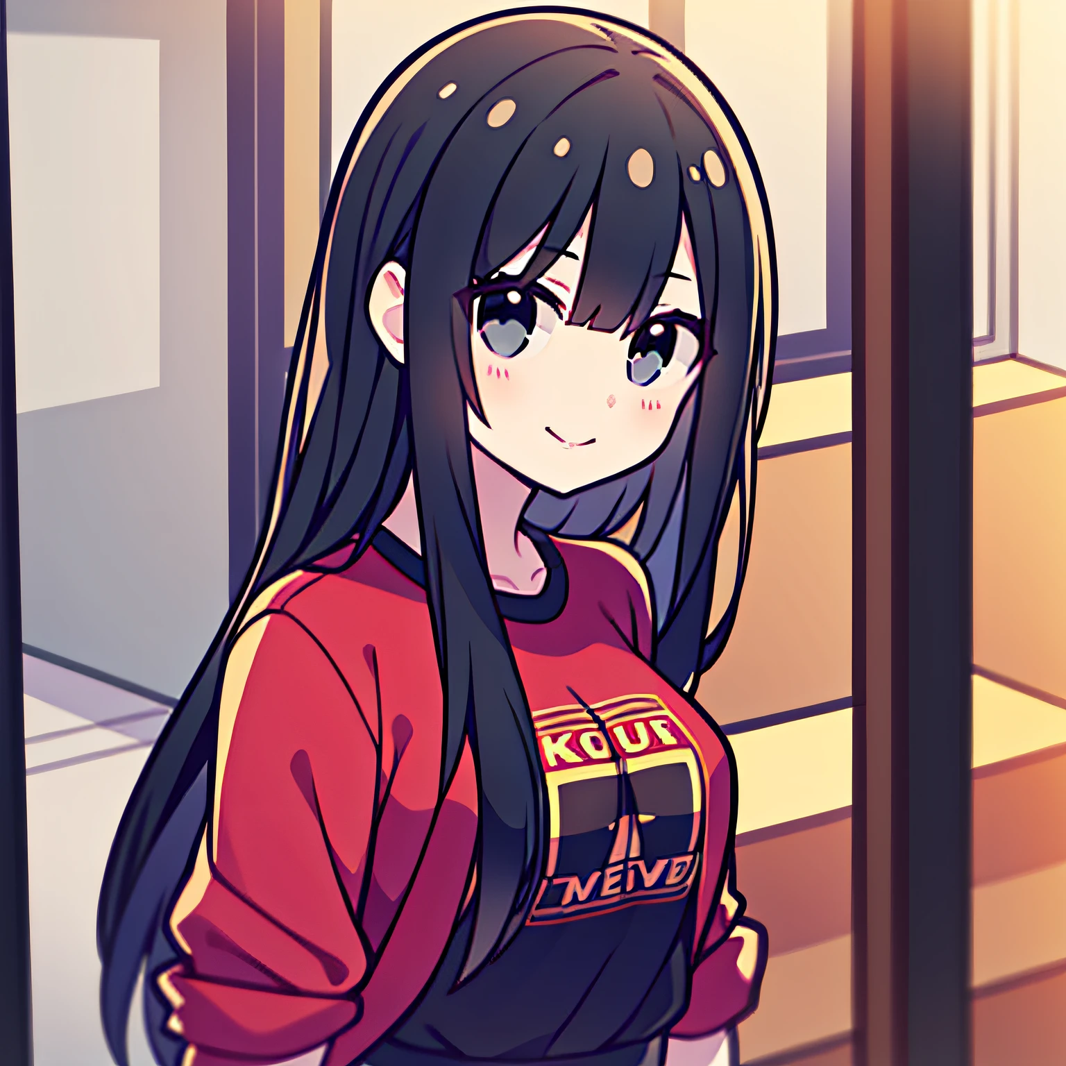 a pregirl，black hair longhair，ssmile，Black colored eyes，CasualClothing