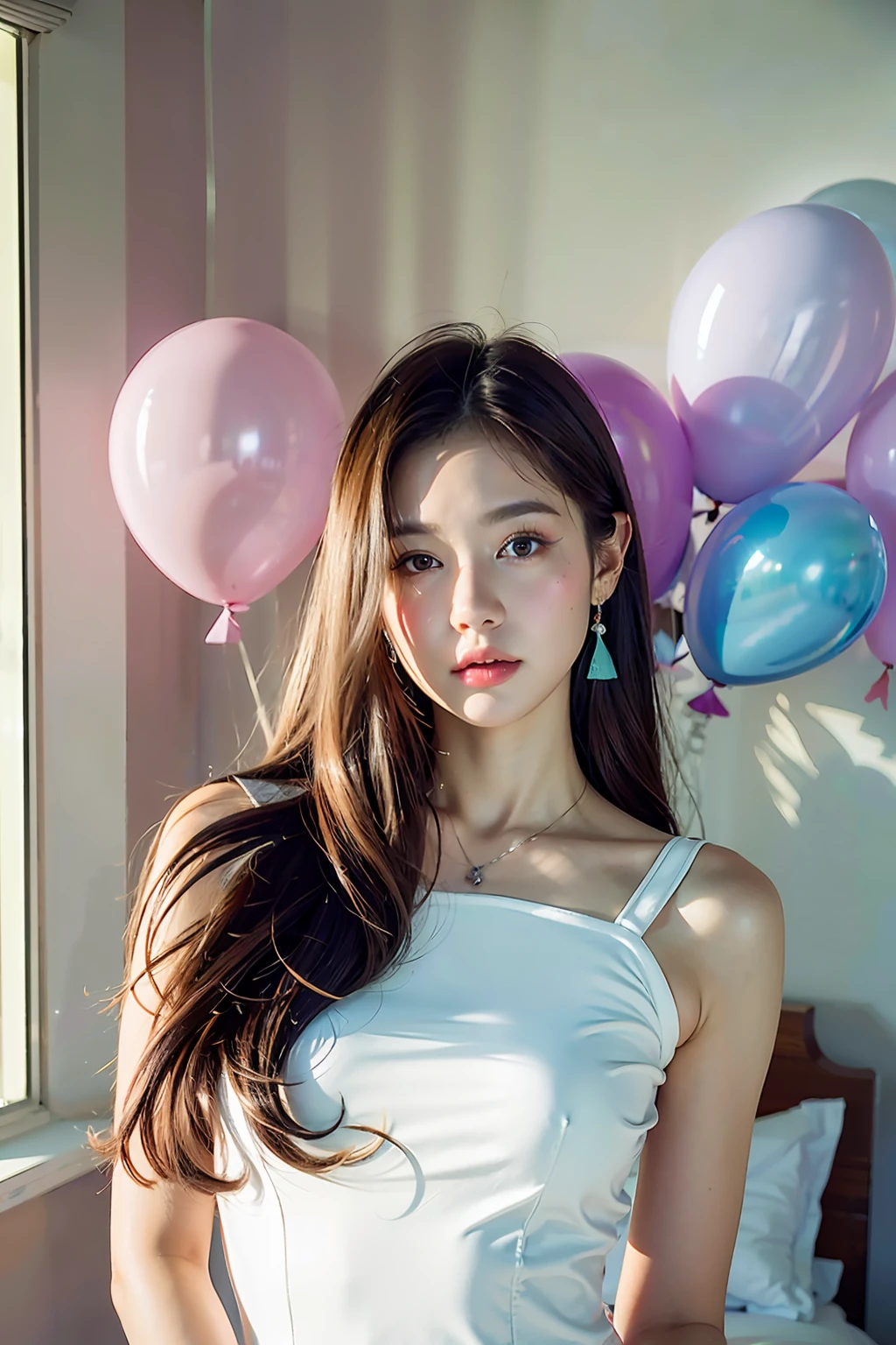 (MASTERPIECE:1.2),(CGI ART:1.3),(REALISTIC:1.5),(POST PROCESSING:1.3),(SHARP FOCUS:1.3),8K,1 girl in bedroom, ((UPPER BODY)), ((white dress)), (((shiny skin))), (wide shot:1.4), window, (((Pastel balloons MESS IN BACKGROUND))), (high shadows detail) , (ILLUSTRATION:1.2), (ulzzang-6500:1.0), ((HDR)),