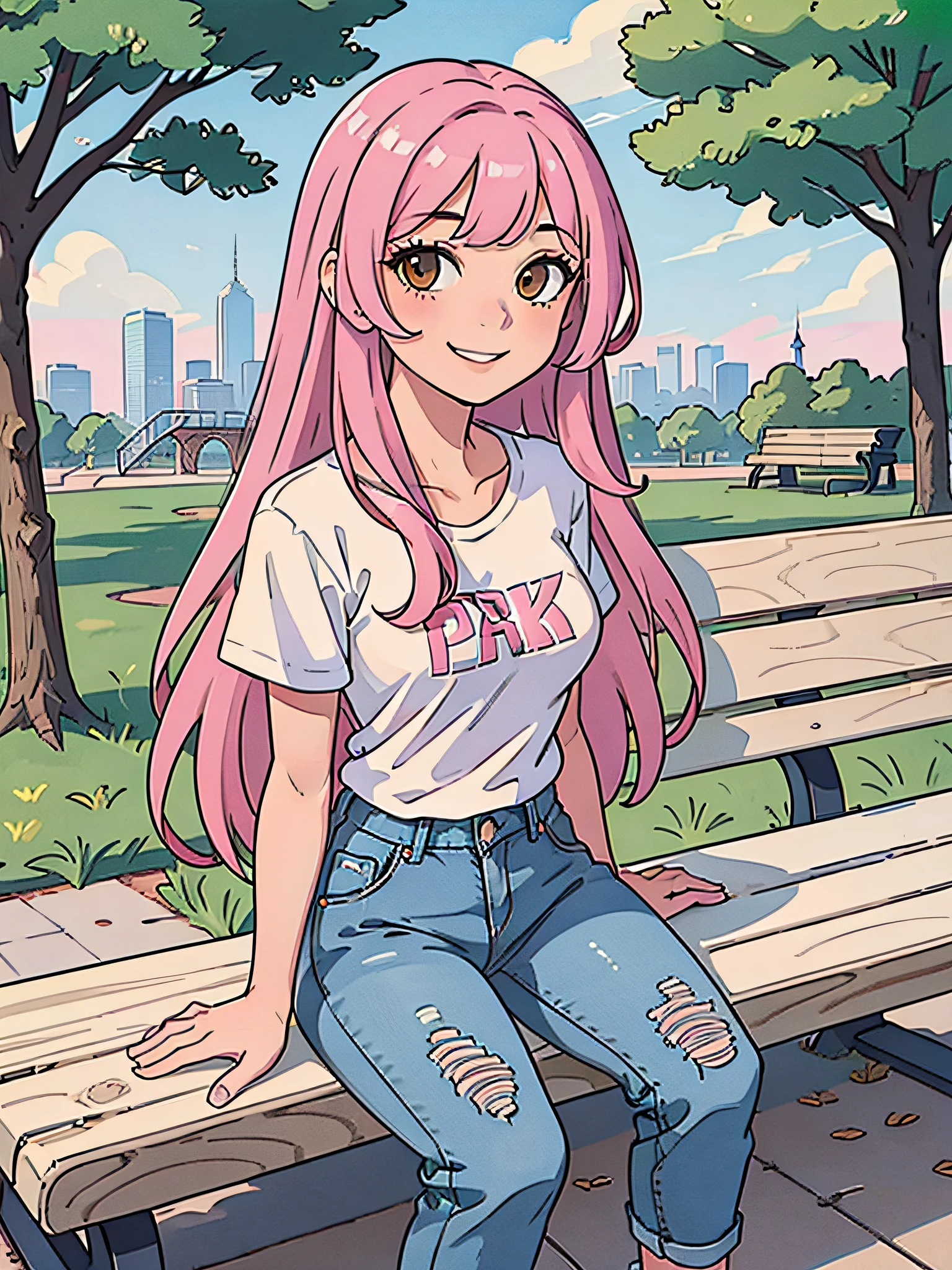 girl, long pink hair, white t-shirt, blue jeans, brown eyes, high res, ultrasharp, 8K, masterpiece, small breasts, sitting on bench, smiling, park, looking at viewer,