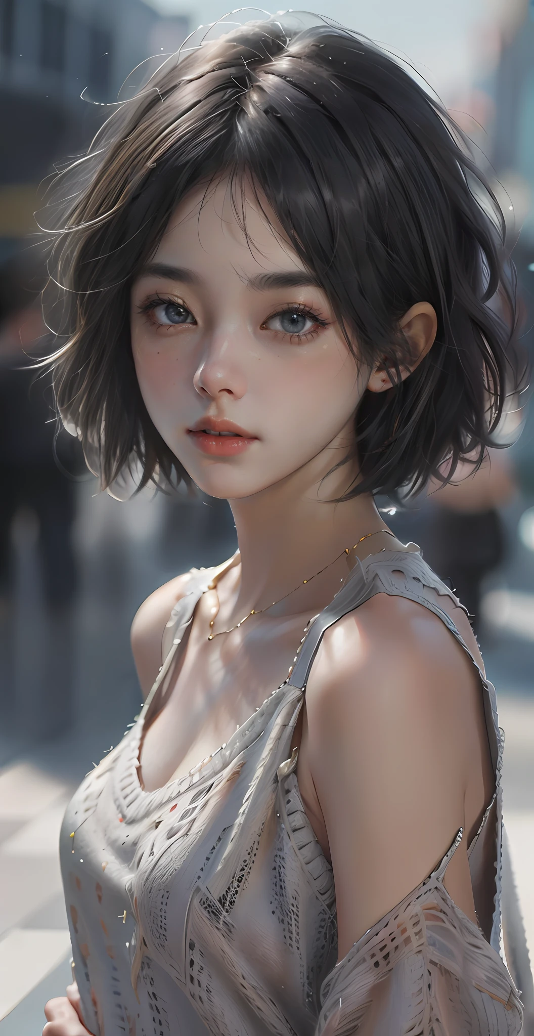 (Masterpiece:1.3), (8K, Photorealistic, RAW photo, Best quality: 1.4), (1girll), A beautiful and seductive face, (Realistic face), (Black hair, Short hair:1.3), Nice hairstyle,photorealistic eye,Nice detail eyes,(Realistic skin),Beautiful skins,(Grey knitted sweater),absurd res,enticing,超高分辨率,Ultra photo realsisim,The is very detailed,the golden ratio