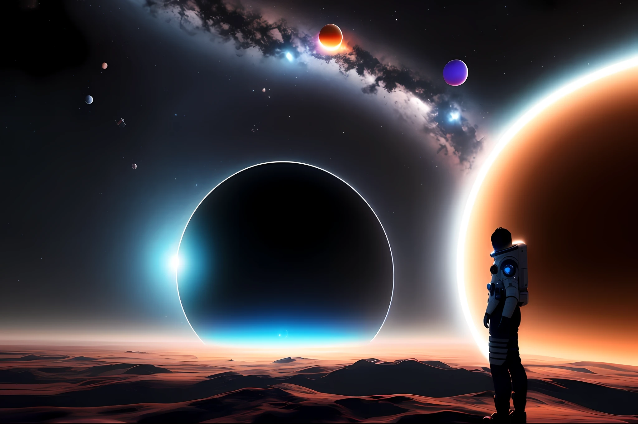 Standing in front of a large object, digital art inspired by jessica rossier, Space art, luminous black hole portal, portal in space, 8K HD wallpaper digital art, portal to outer space, Concept art wallpaper 4K, space art concept, concept art 8 k, Crystal balls in space, 3 d render beeple,Blue-black mix,Kizi