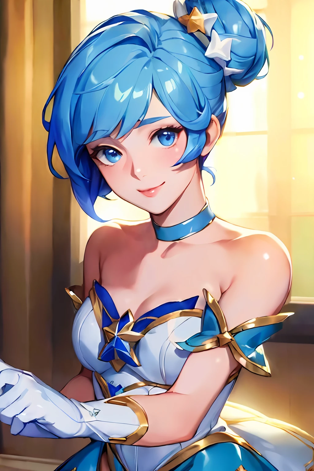 (Masterpiece:1.4), (best quality:1.2), star guardian orianna, blue hair, hair bun, ballerina, short dress, white gloves, smile, upper body, potrait