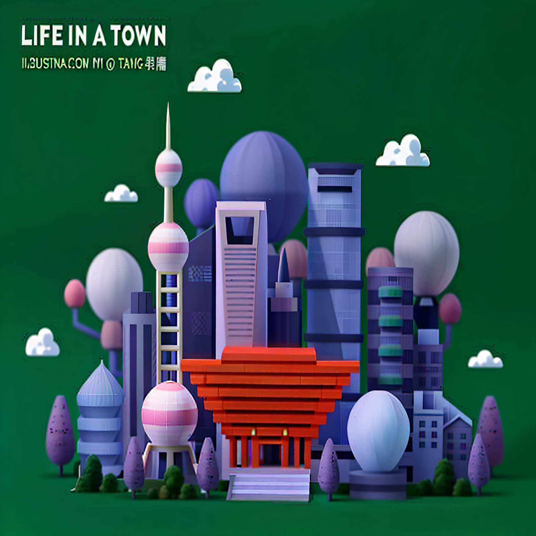 Green background with city and red buildings, In town, In a city, By Ni Tian, Town, down town, in an eco city, sitting on a miniature city, In modern cities, in a suburb, small town, town background, artist unknown, view over city, In Perlis Town, 3 d model,C4D model