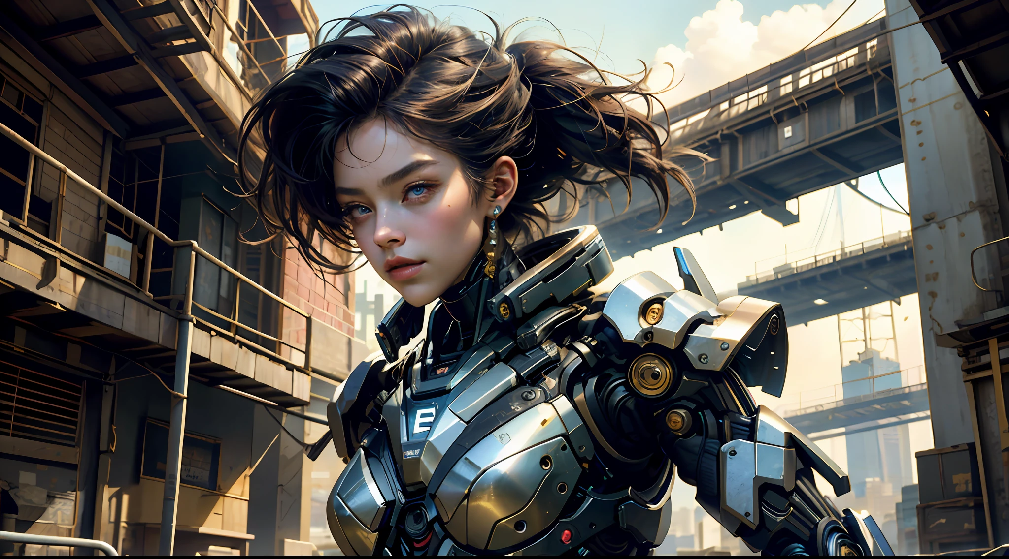 tmasterpiece，top-quality，best qualityer，offcial art，Beauty and aesthetics：1.2），（tmasterpiece：1.3）， （8K， realisticlying， RAW photos， best qualtiy： 1.4）， beauitful face， （photorealiscic face），超高分辨率， Ultra photo realsisim， highly  detailed， the golden ratio， （Award-winning digital artwork：1.3） af （sketching：1.3），（with dynamism：1.3），（Saturation：1.3），（Close portrait：1.3），illusory engine， (High detail: 1.9)，（femele：1.4），（big breasts beautiful： 1.4),(carismatic:1.3)，Girl in futuristic suit holding weapon，In front of the city of gunsmoke，Gunsmoke Street，battlefiled， Real women，Real face，cute female child， The perfect cyborg girl， Beautiful female ，beautiful girl cyborg，robotic hand，CG，4K,dramatics，Large breasts，the night，cyber punk perssonage，the night，dramatics