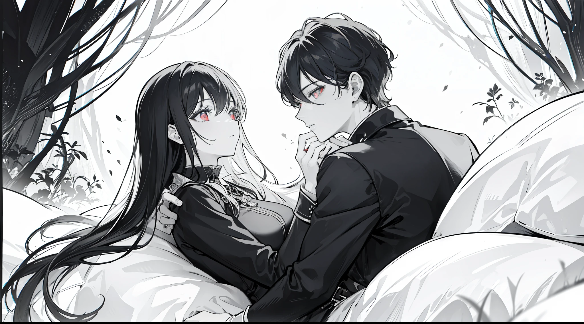 "4k monochromatic romantic fantasy scene: mature couple embracing tenderly. The man with black hair and blue eyes, and the woman with elegantly long black hair and mesmerizing red eyes. (Monochromatic:1:1, ultra hd, 4k)"