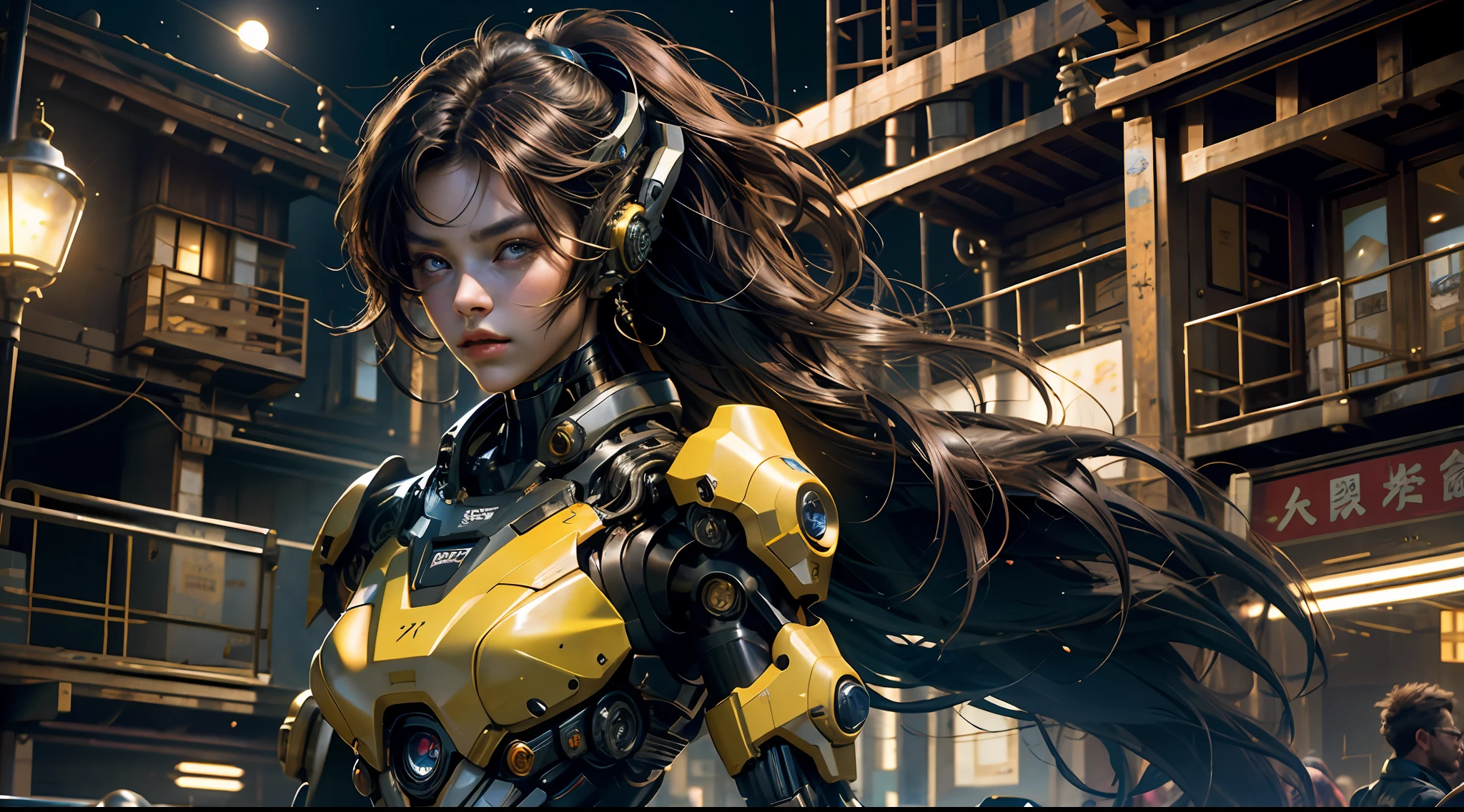 tmasterpiece，top-quality，best qualityer，offcial art，Beauty and aesthetics：1.2），（tmasterpiece：1.3）， （8K， realisticlying， RAW photos， best qualtiy： 1.4）， beauitful face， （photorealiscic face），超高分辨率， Ultra photo realsisim， highly  detailed， the golden ratio， （Award-winning digital artwork：1.3） af （sketching：1.3），（with dynamism：1.3），（Saturation：1.3），（Close portrait：1.3），illusory engine， (High detail: 1.9)，（femele：1.4），（big breasts beautiful： 1.4),(carismatic:1.3)，Girl in futuristic suit holding weapon，In front of the city of gunsmoke，Gunsmoke Street，battlefiled， Real women，Real face，cute female child， The perfect cyborg girl， Beautiful female ，beautiful girl cyborg，robotic hand，CG，4K,dramatics，Large breasts，the night，cyber punk perssonage，the night，dramatics