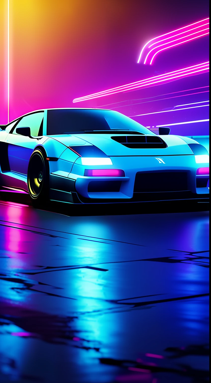 tmasterpiece,((Need for Speed 7)), Moving,Drift,  cyber punk style，Hyper Real，holographic projections，the night，neonlight，The front of the car is facing up，The entire body is exposed