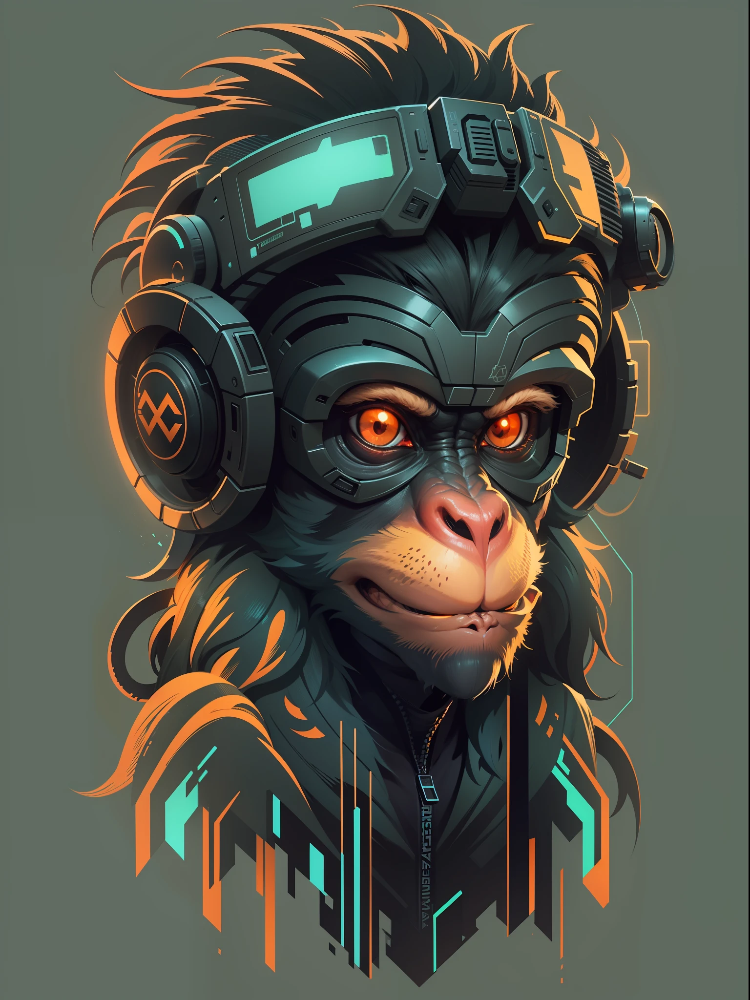 Vector image, T-shirt design, Isolated, Black background, illustration, Monkey style, Futuristic, Unreal 3D style graphics, 2D image, No background, centered image